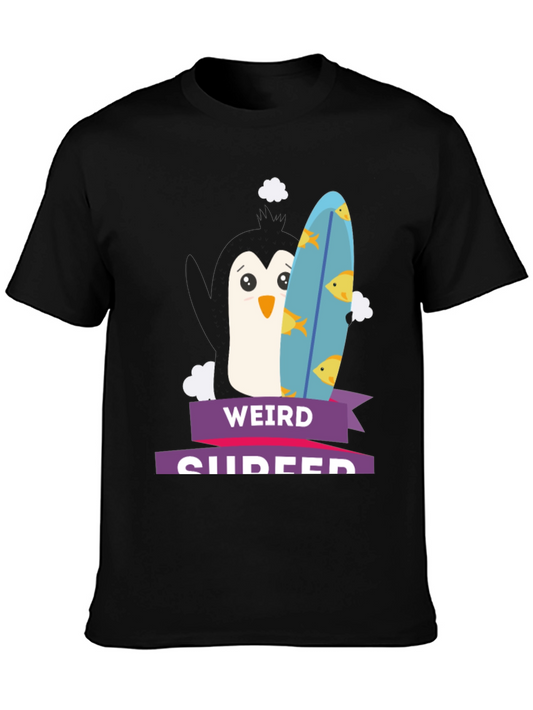 Weird Surfer Penguin Graphic Tee -  Black T-Shirt