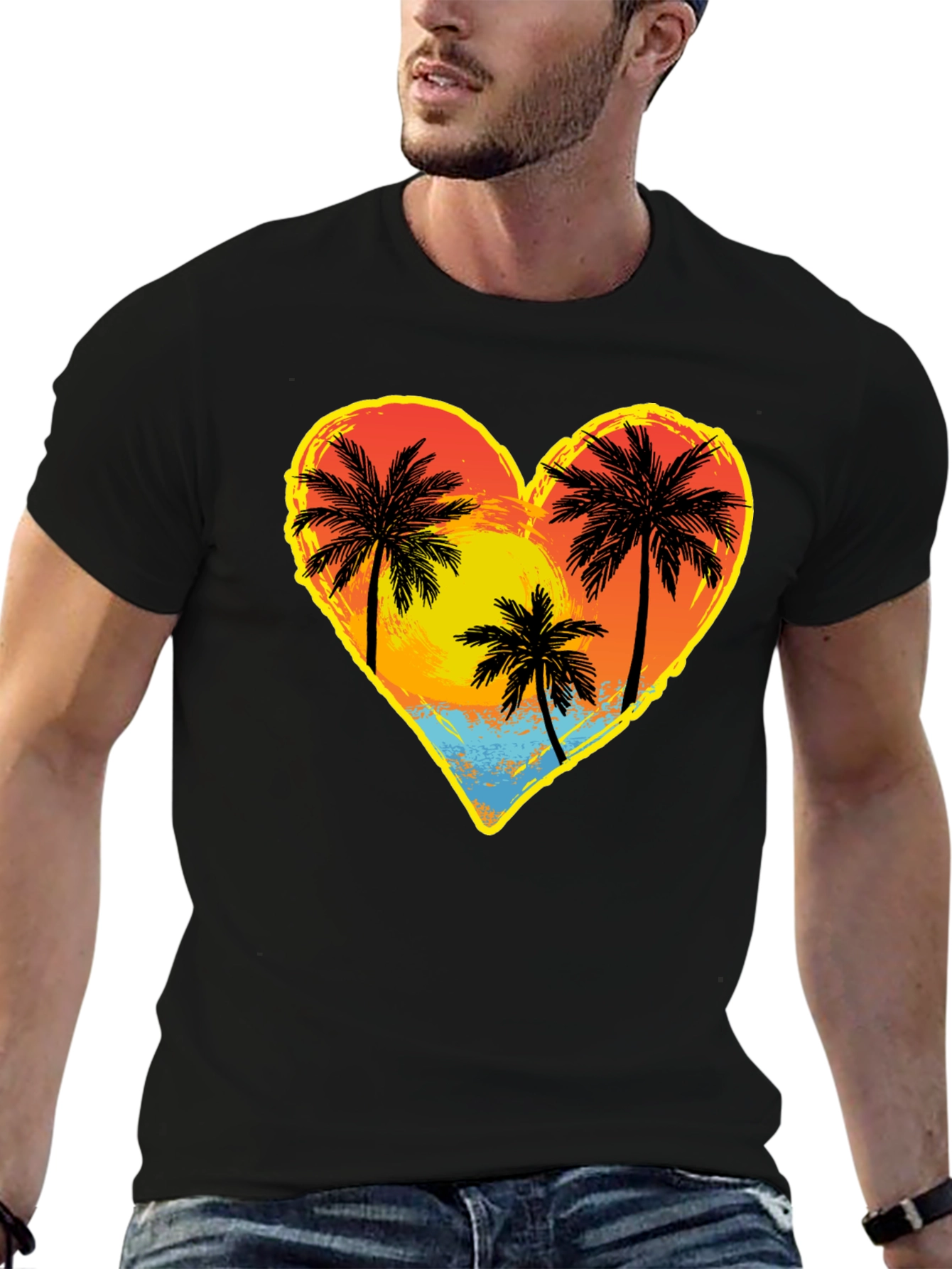 Palm Tree Heart Graphic Tee - Island Sunset Vibes