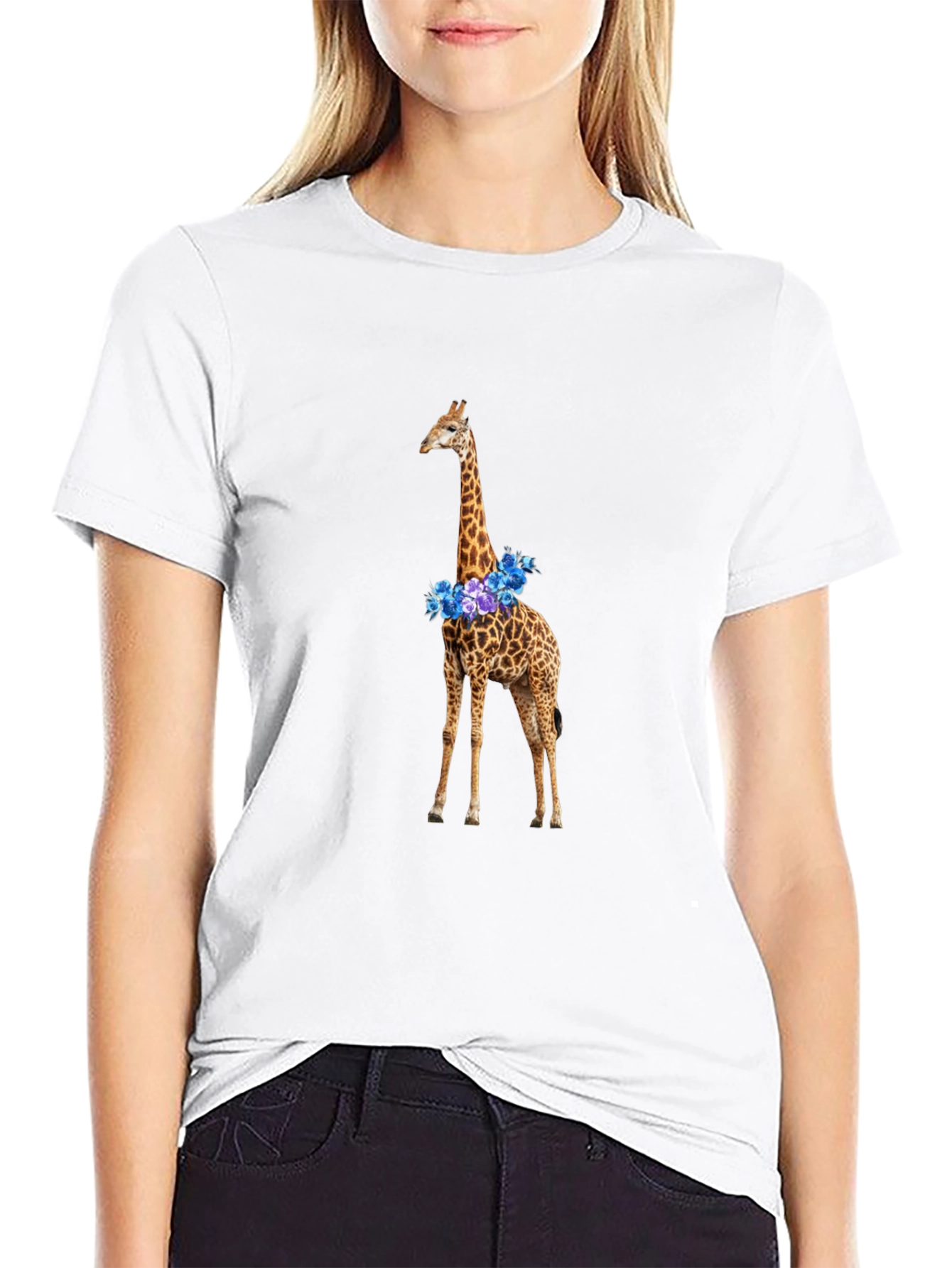 Floral Giraffe Graphic T-Shirt - Black Cotton Tee
