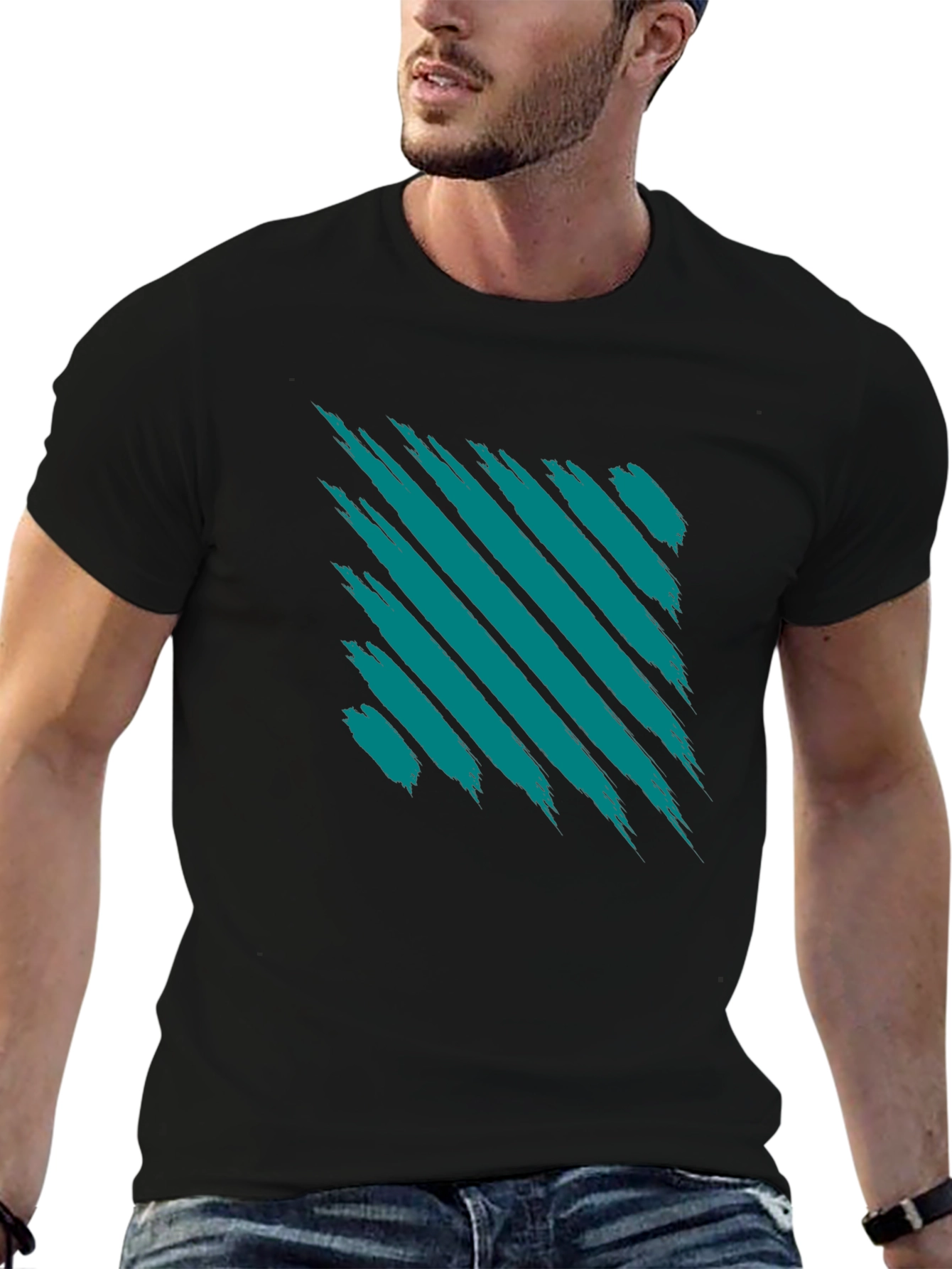 Abstract Teal Stripe Graphic Black T-Shirt