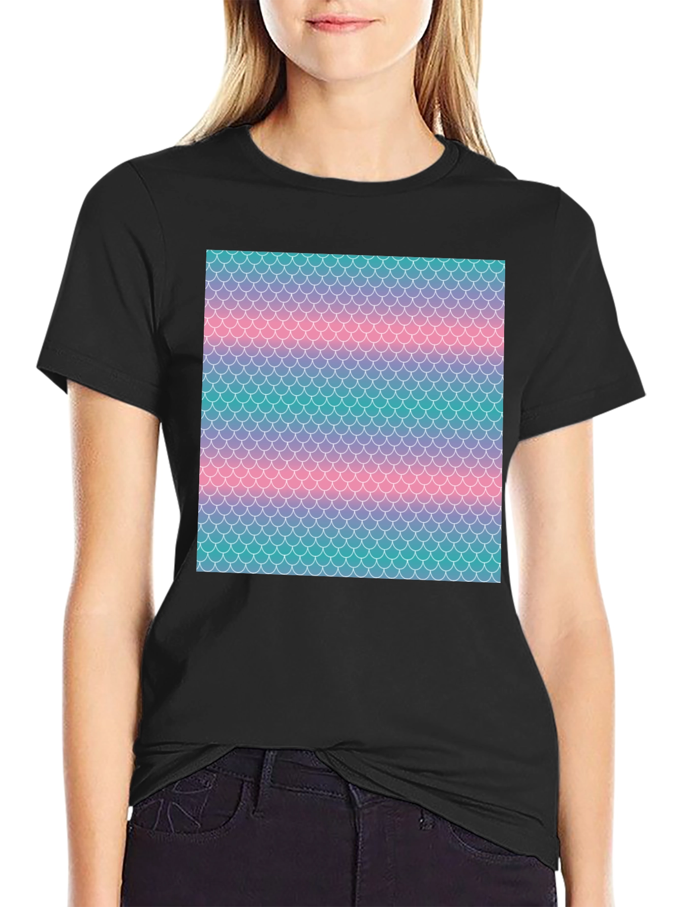 Mermaid Scale Print Black T-Shirt
