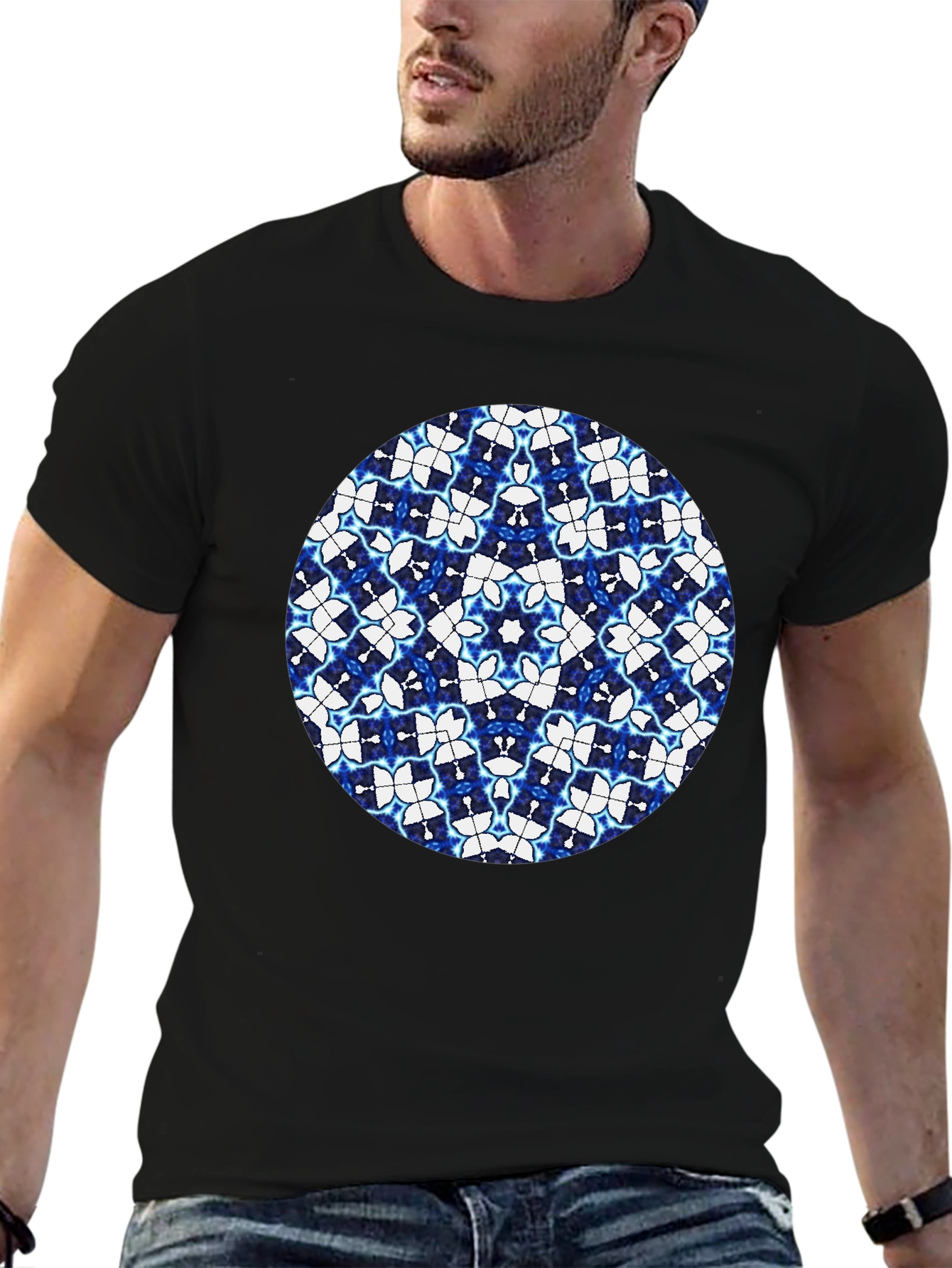 Blue Kaleidoscope Circle Black T-Shirt