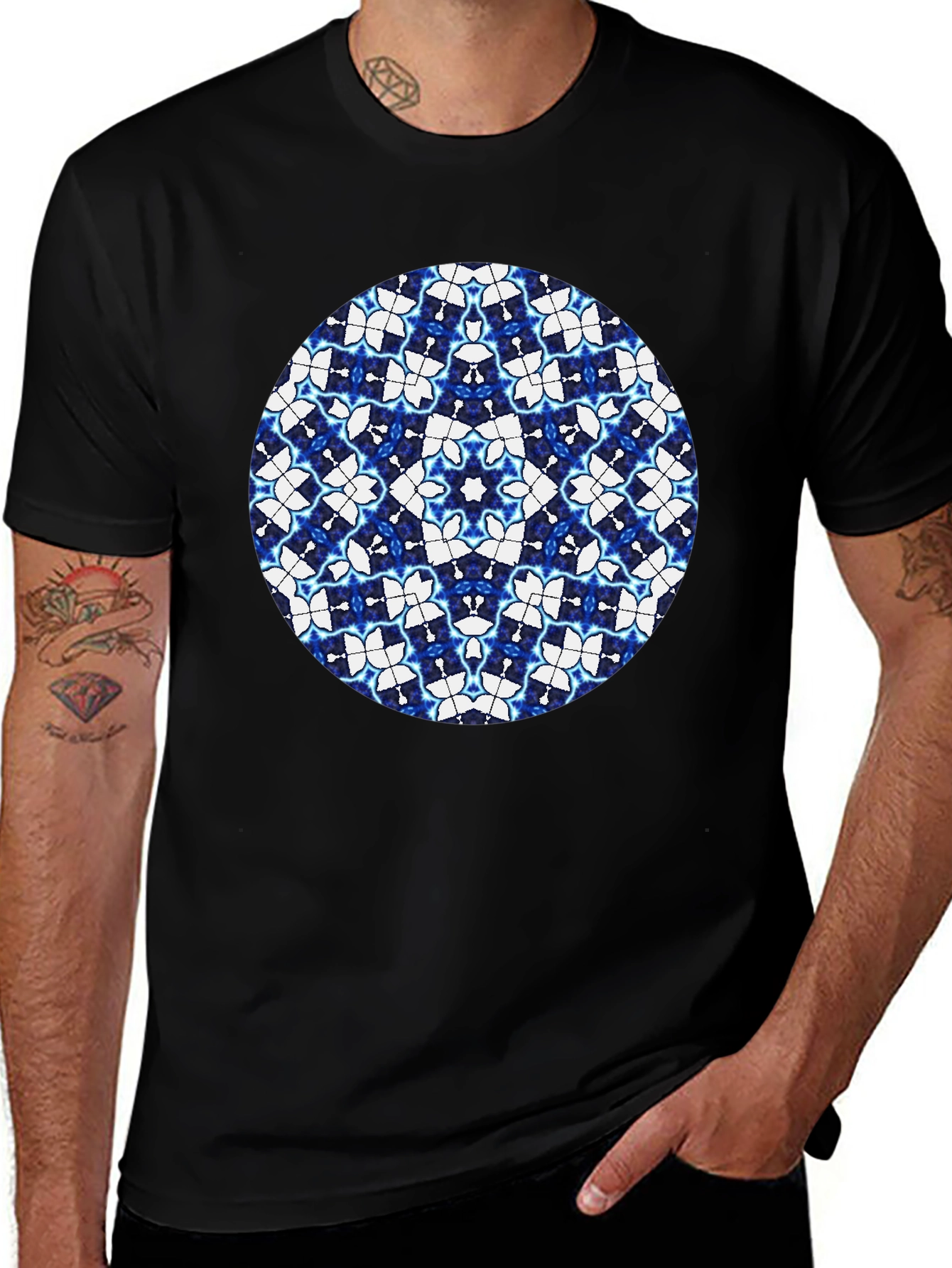 Blue Kaleidoscope Circle Black T-Shirt