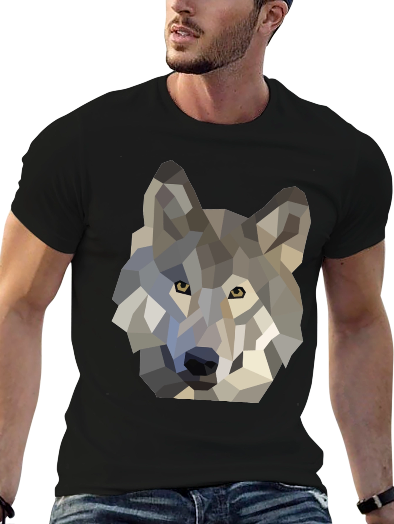 Geometric Wolf Graphic Tee - Black Cotton T-Shirt