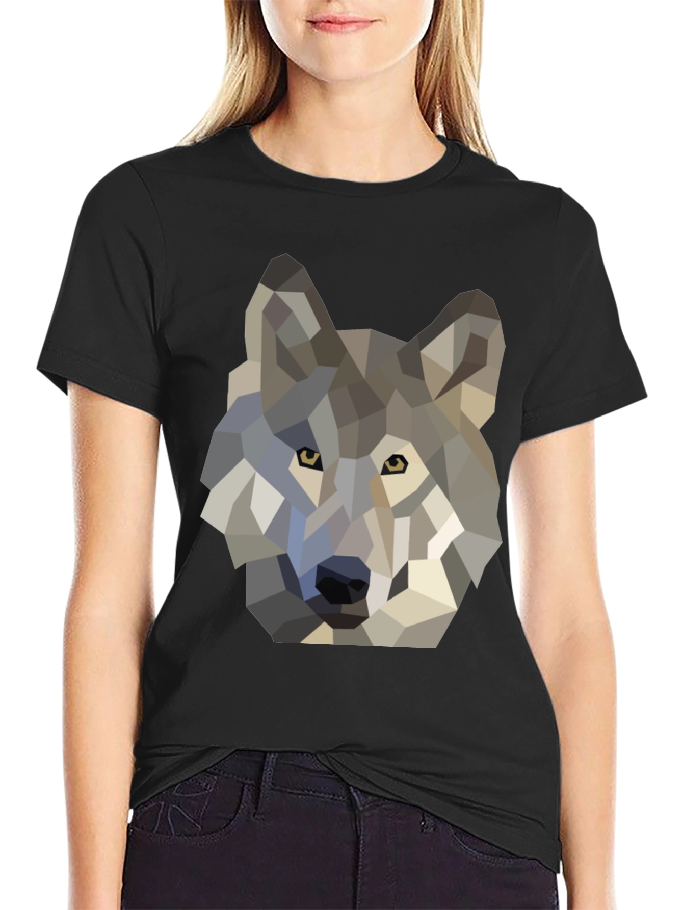 Geometric Wolf Graphic Tee - Black Cotton T-Shirt
