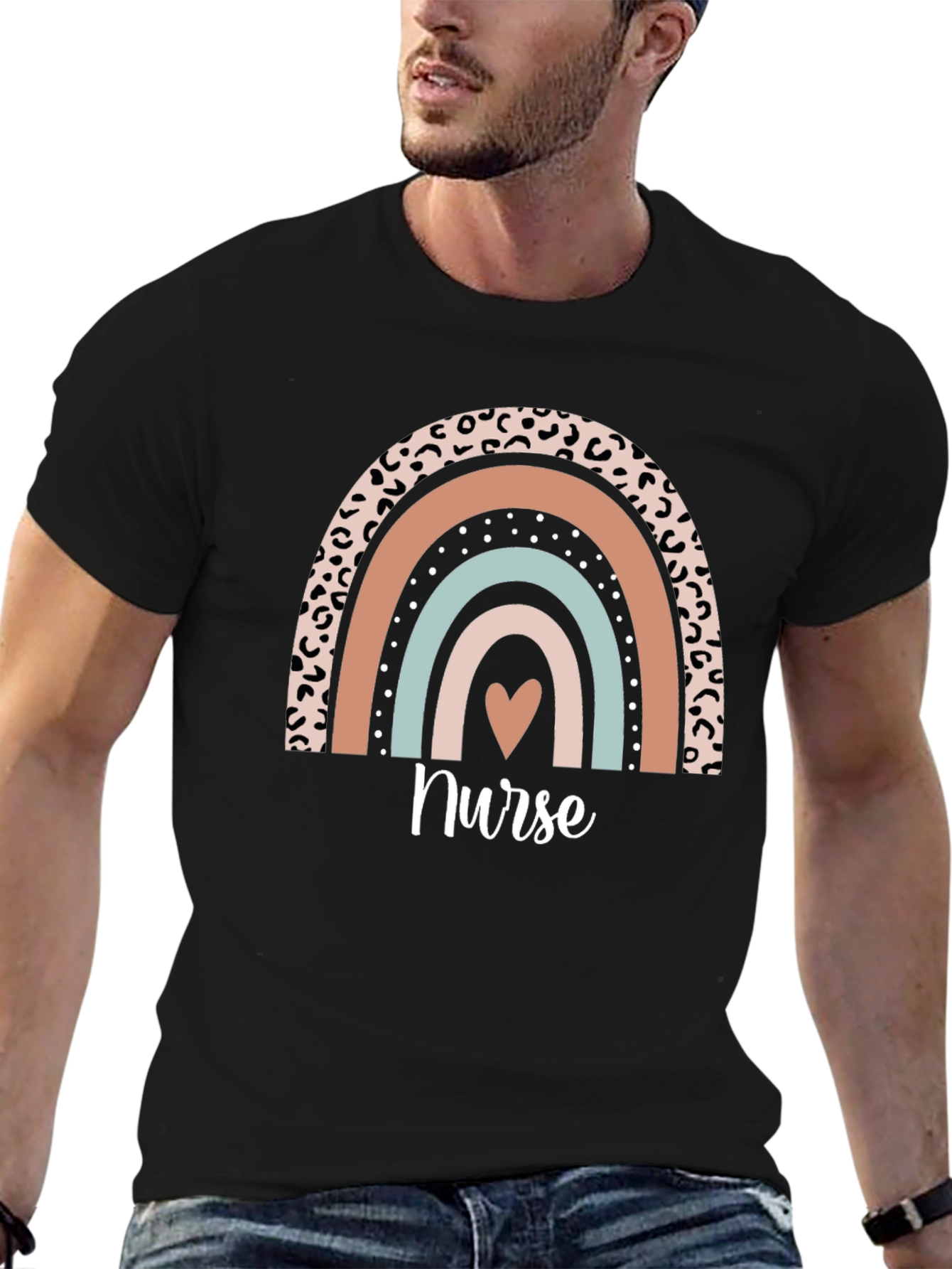 Nurse Rainbow Heart T-Shirt - Black