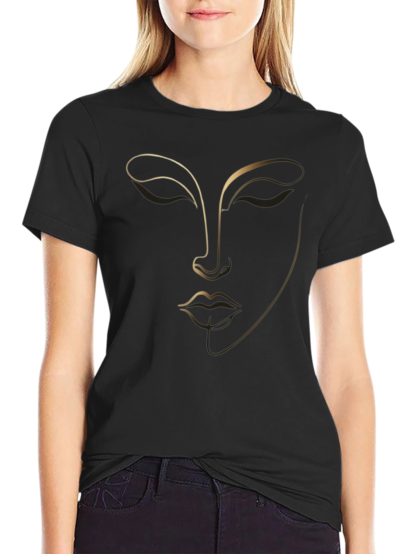 Minimalist Face Line Art Black T-Shirt