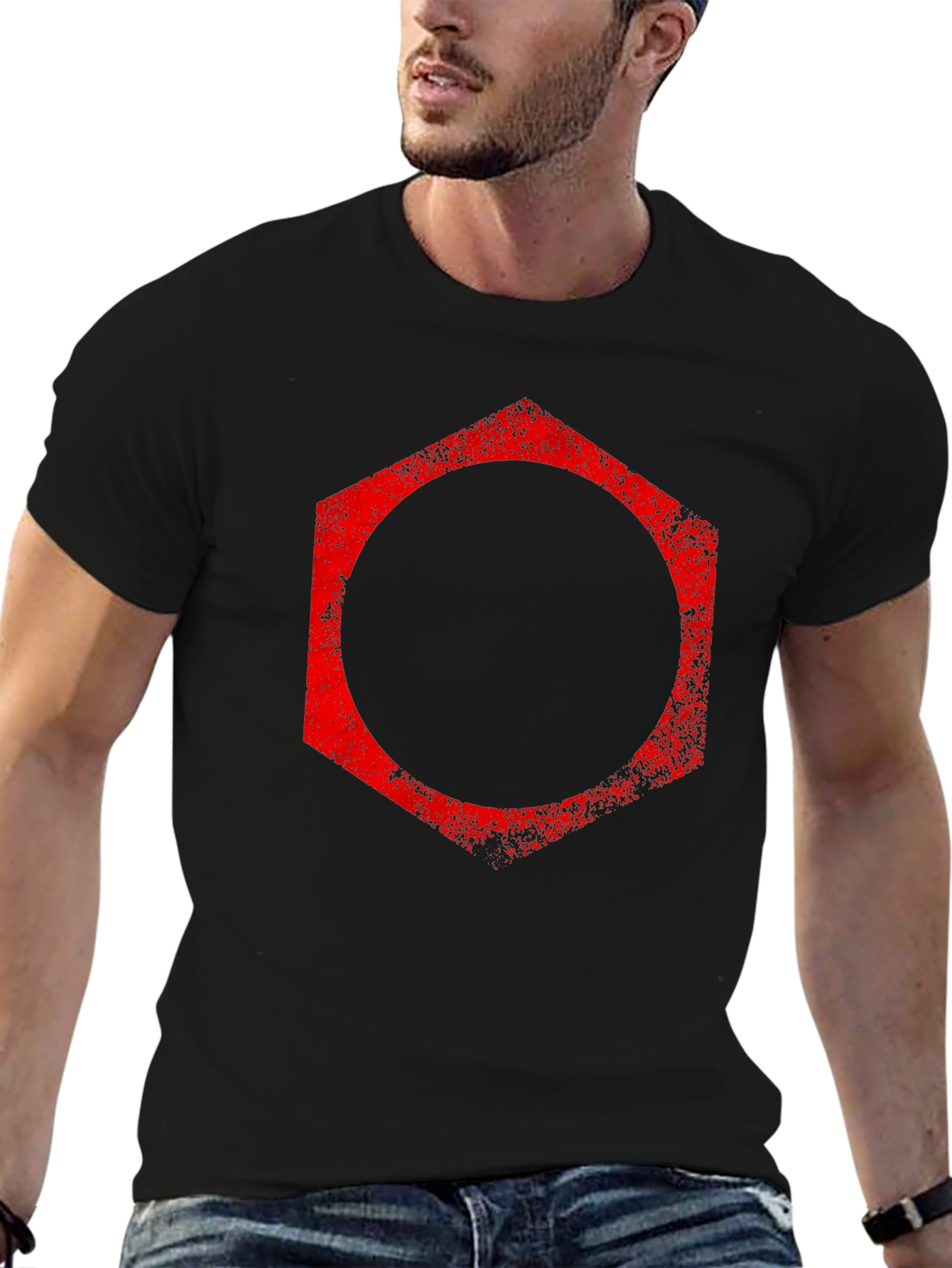 Red Hexagon Graphic Black T-Shirt