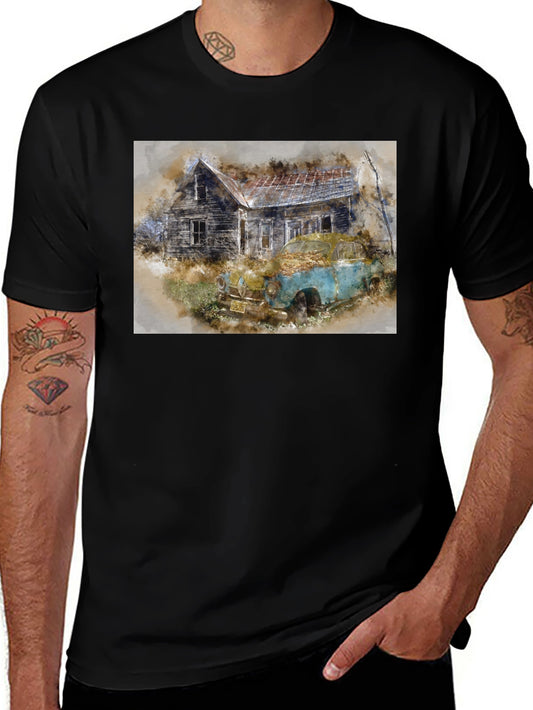Vintage Car & House Graphic Tee - Stylish Black T-Shirt