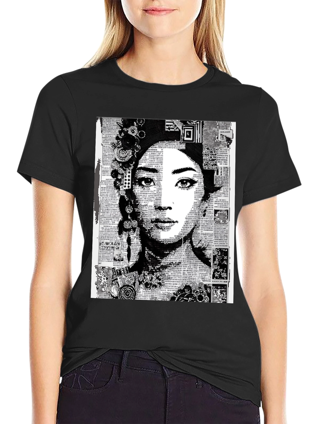Abstract Art Woman Graphic Tee - Black Casual T-Shirt