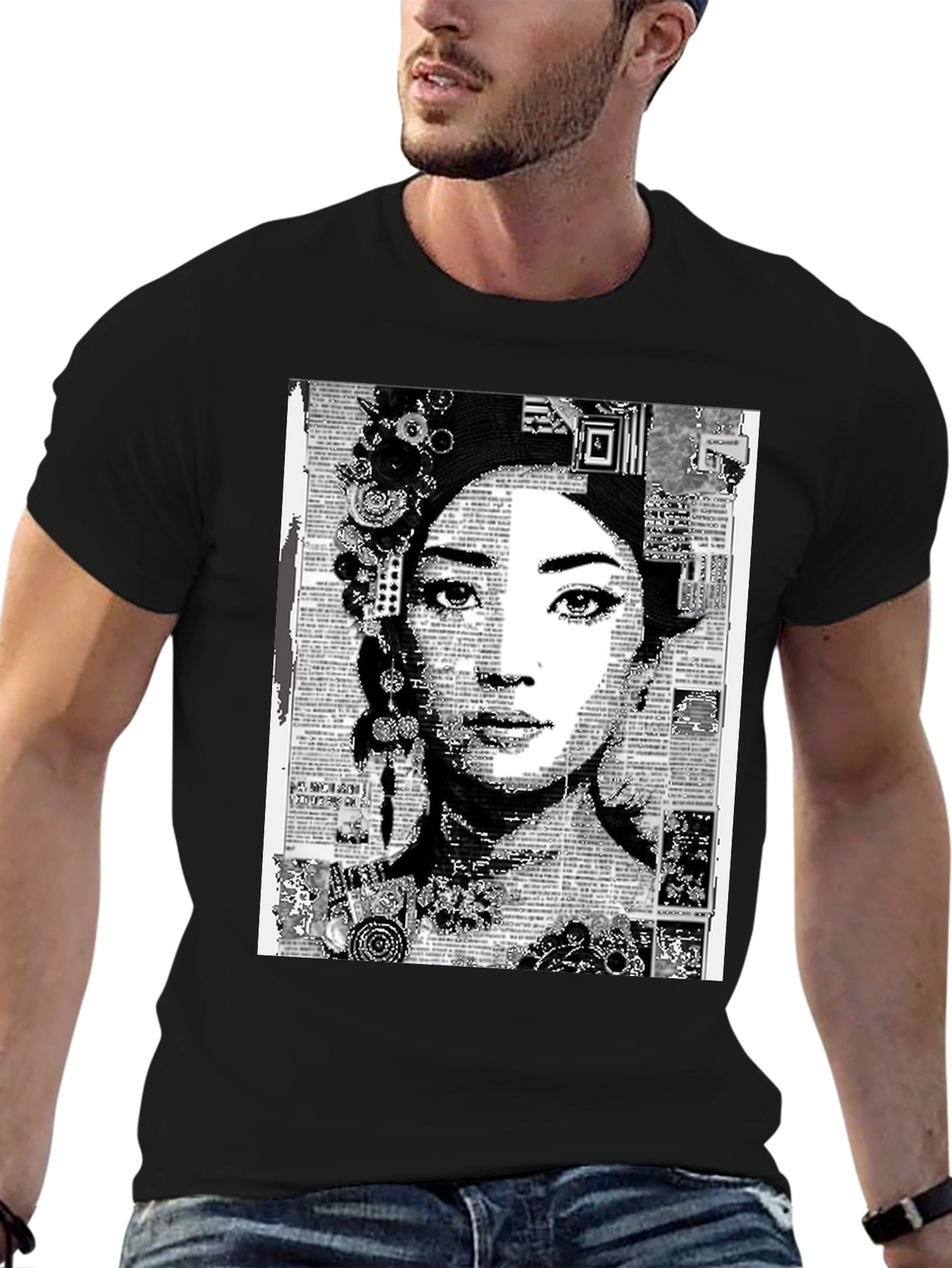 Abstract Art Woman Graphic Tee - Black Casual T-Shirt