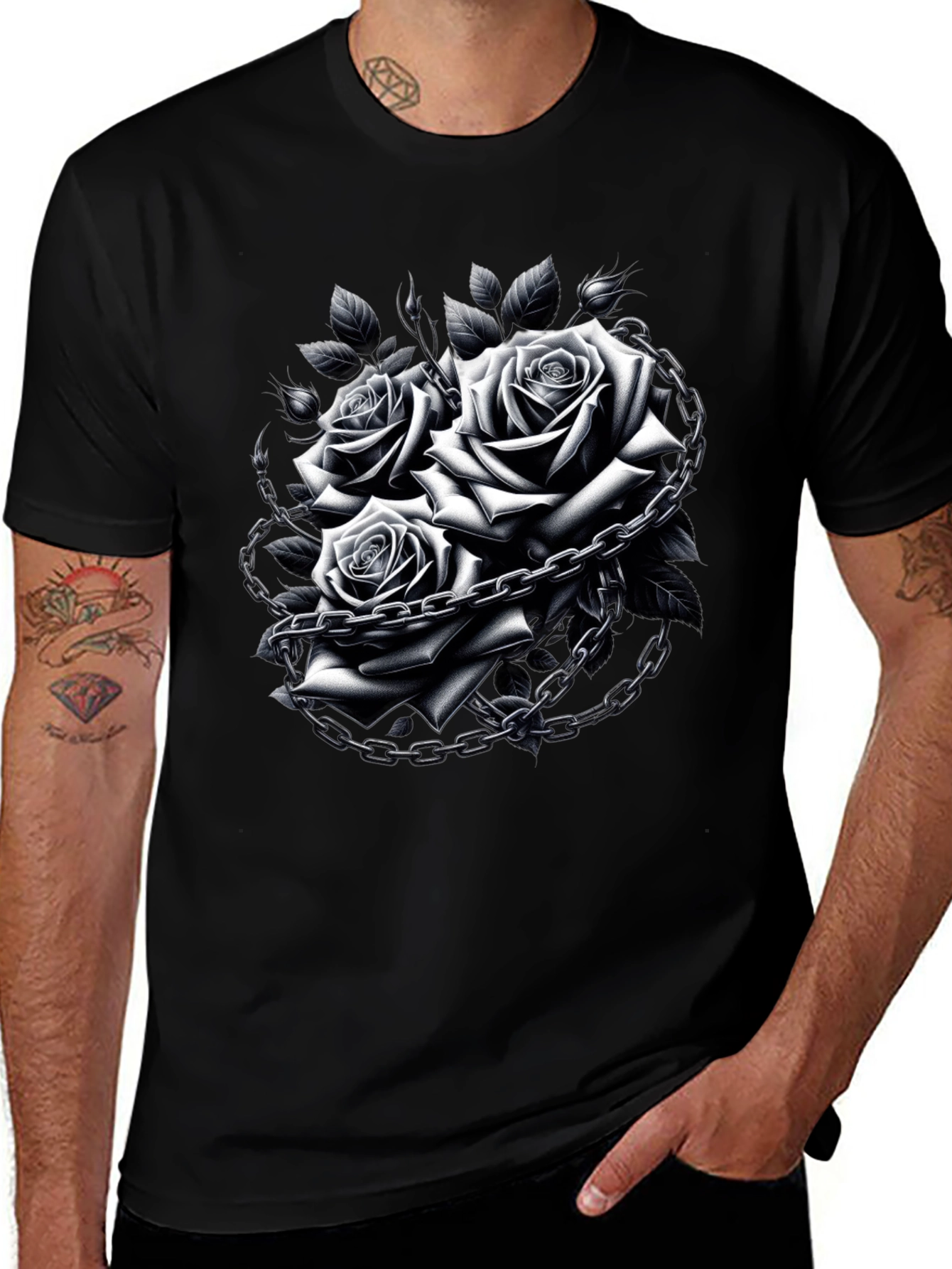 Rose Chain Graphic Black T-Shirt