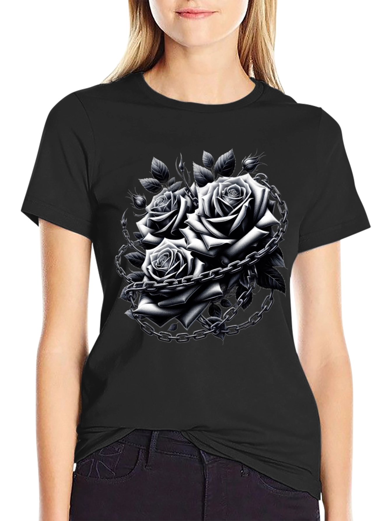Rose Chain Graphic Black T-Shirt