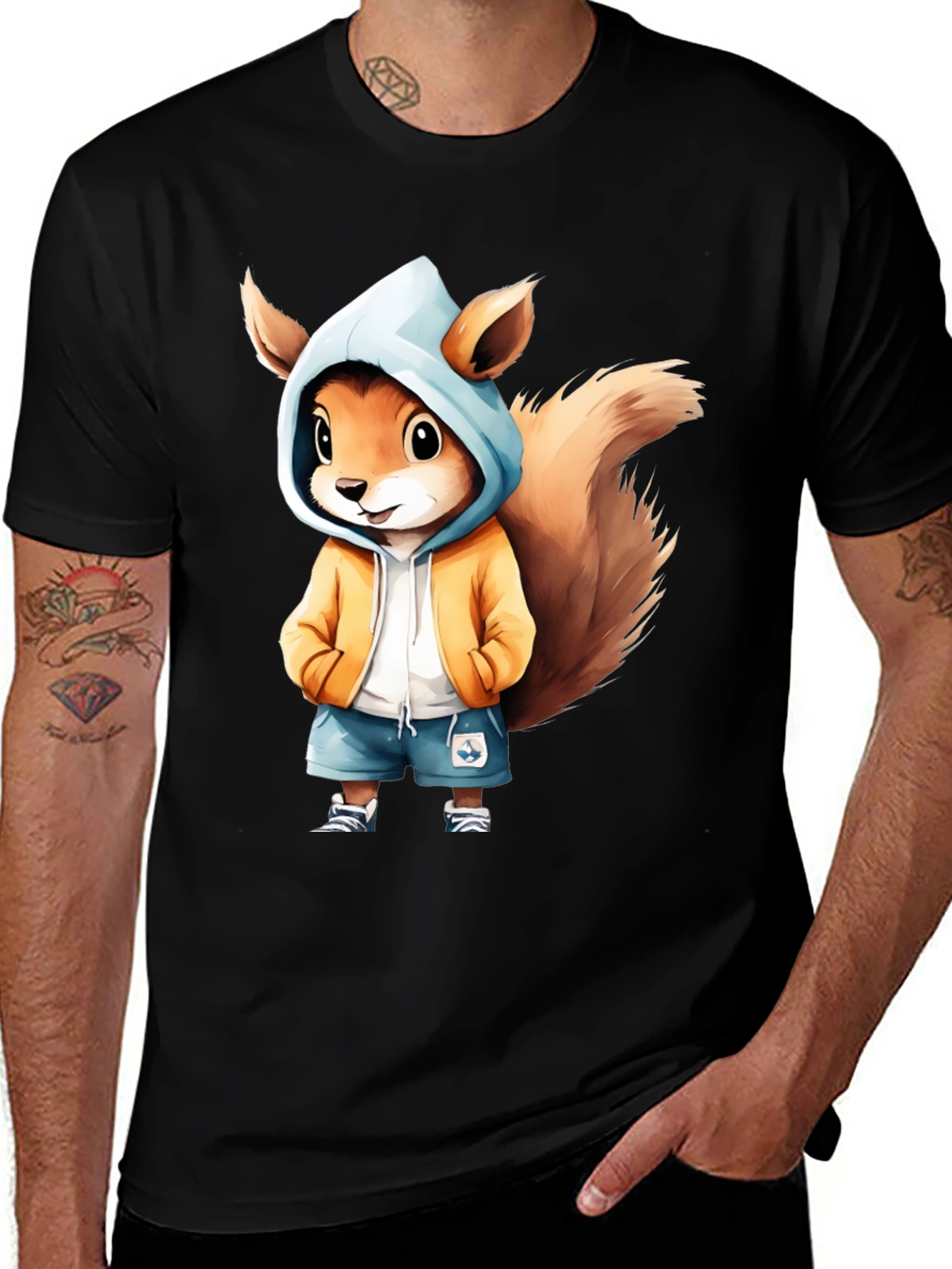 Squirrel Cartoon Graphic Black T-Shirt