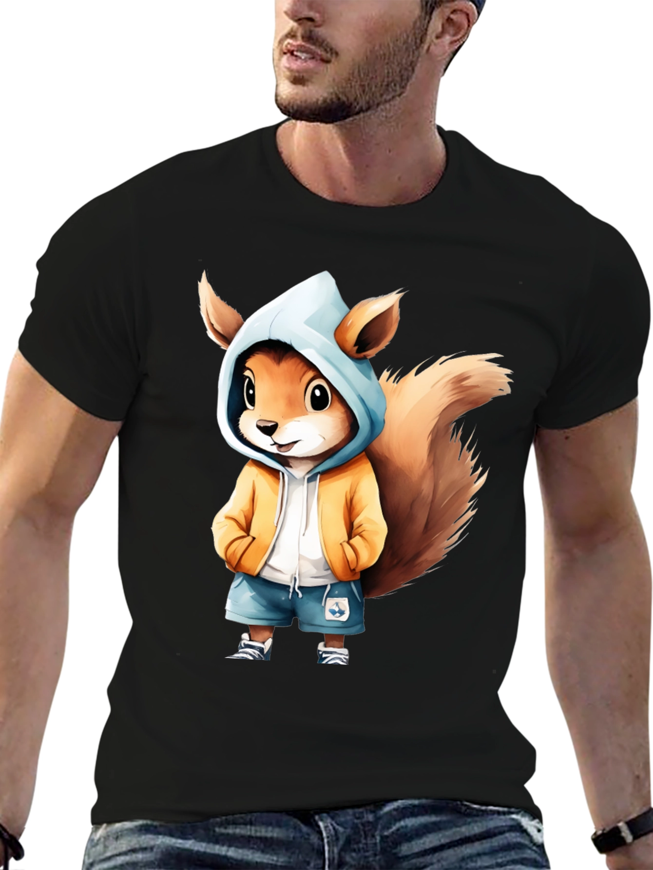 Squirrel Cartoon Graphic Black T-Shirt