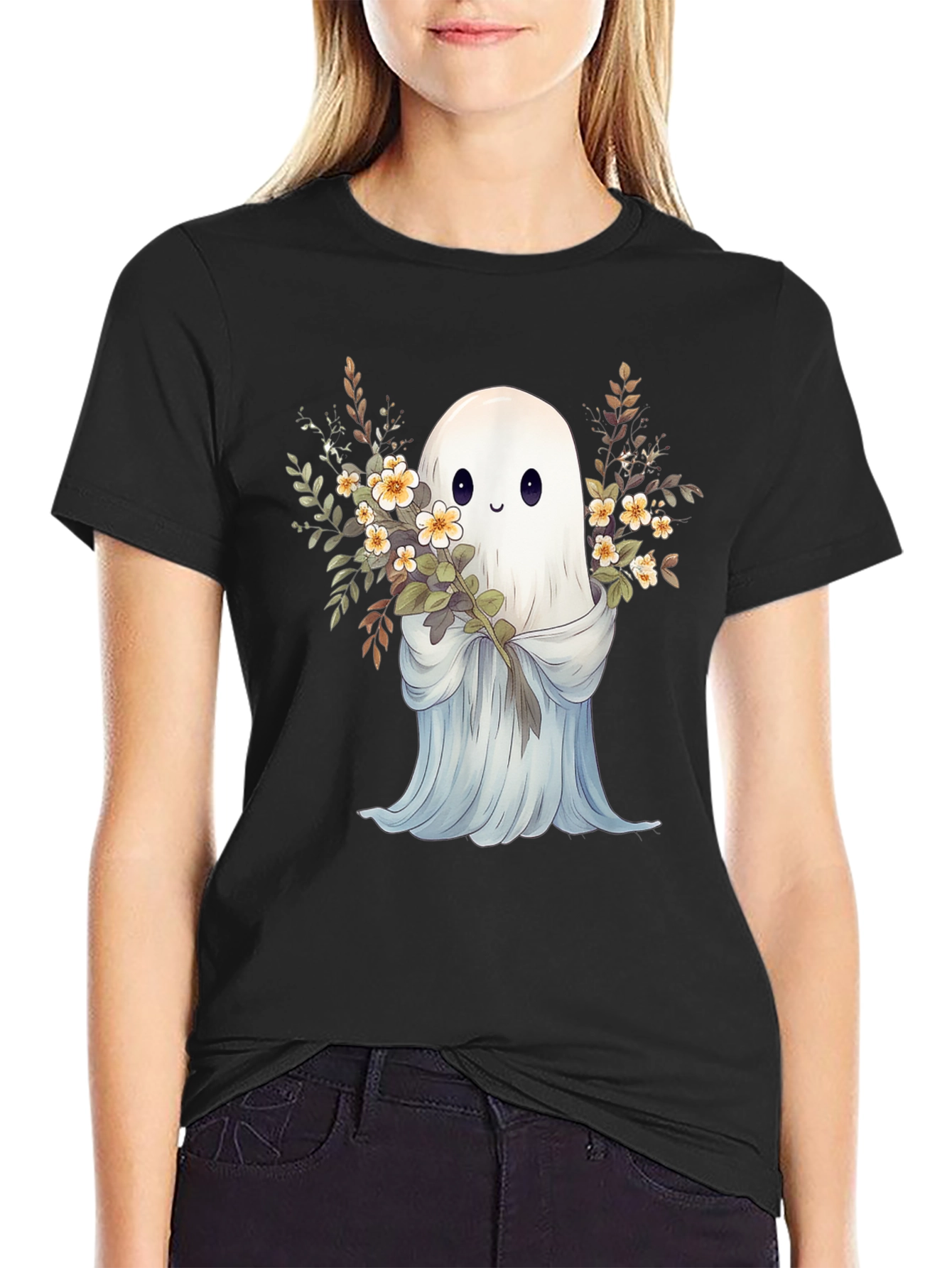 Cute Ghost with Flowers Black Graphic Tee