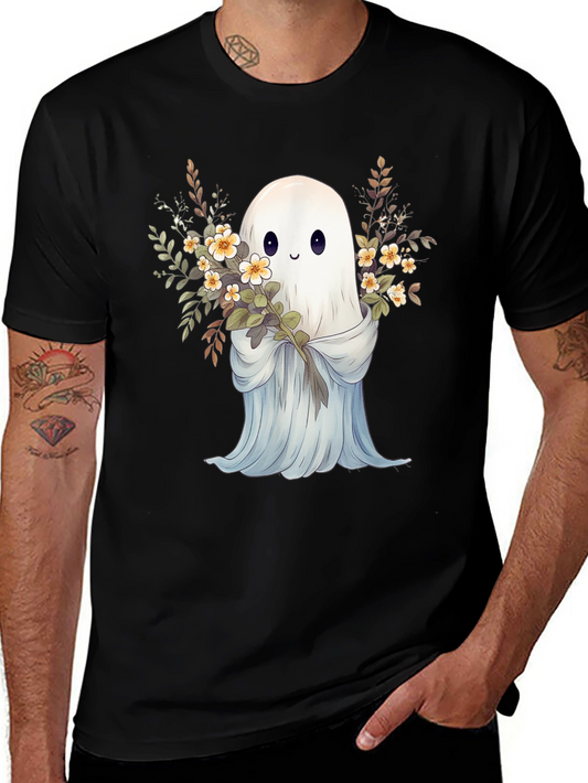 Cute Ghost with Flowers Black Graphic Tee