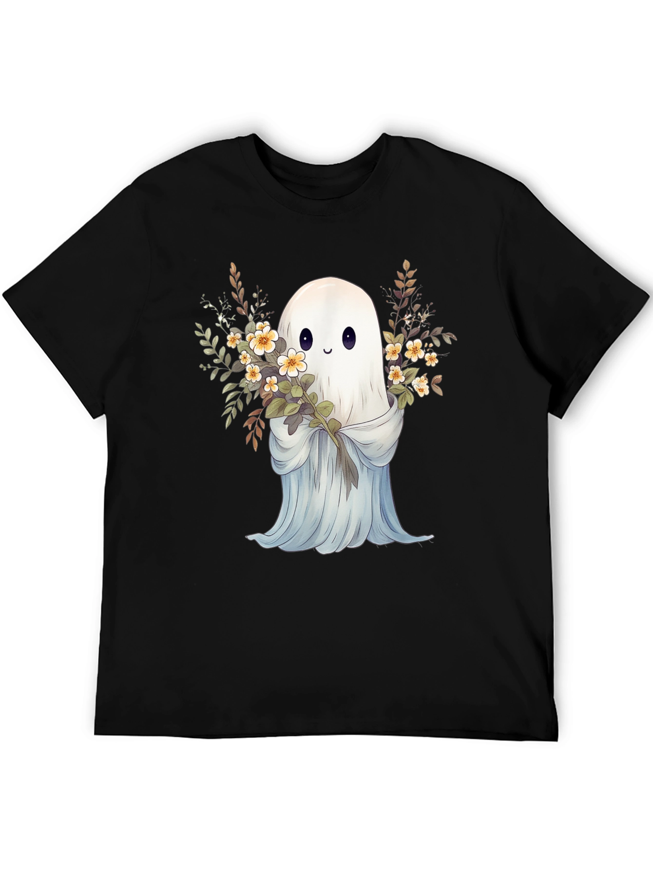 Cute Ghost with Flowers Black Graphic Tee