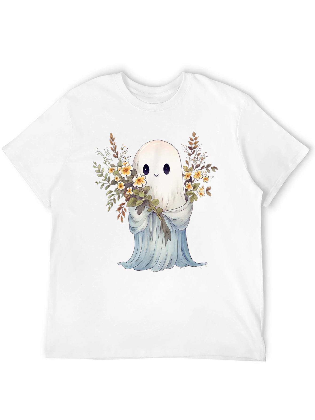 Cute Ghost with Flowers Black Graphic Tee