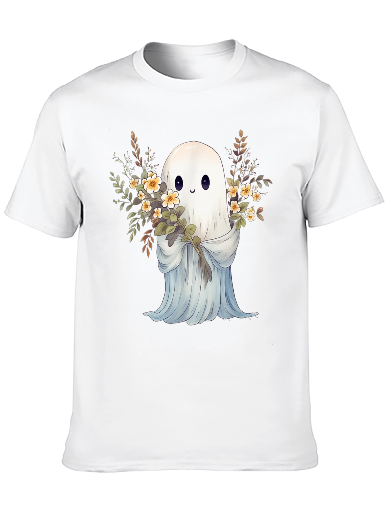 Cute Ghost with Flowers Black Graphic Tee