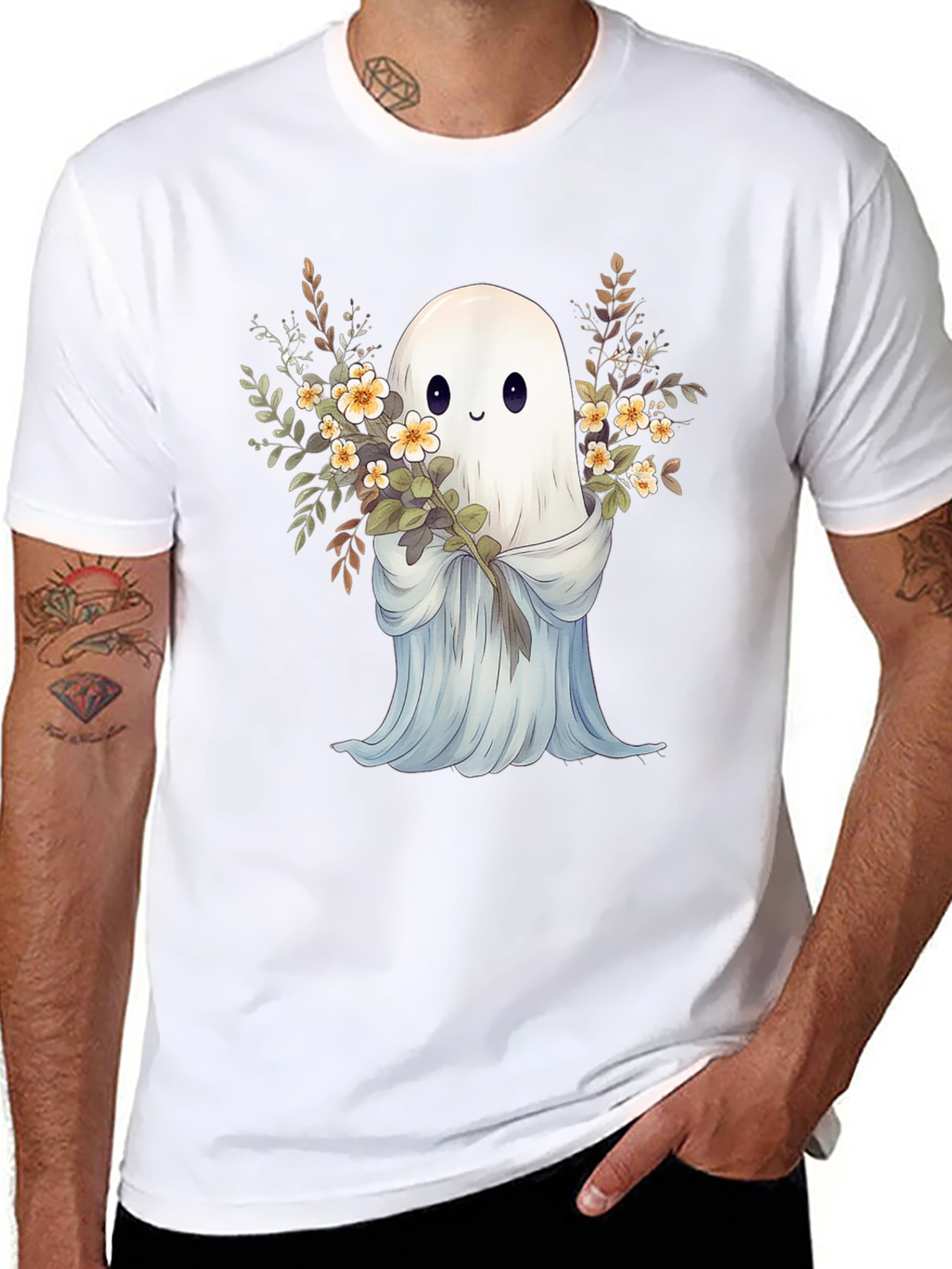Cute Ghost with Flowers Black Graphic Tee