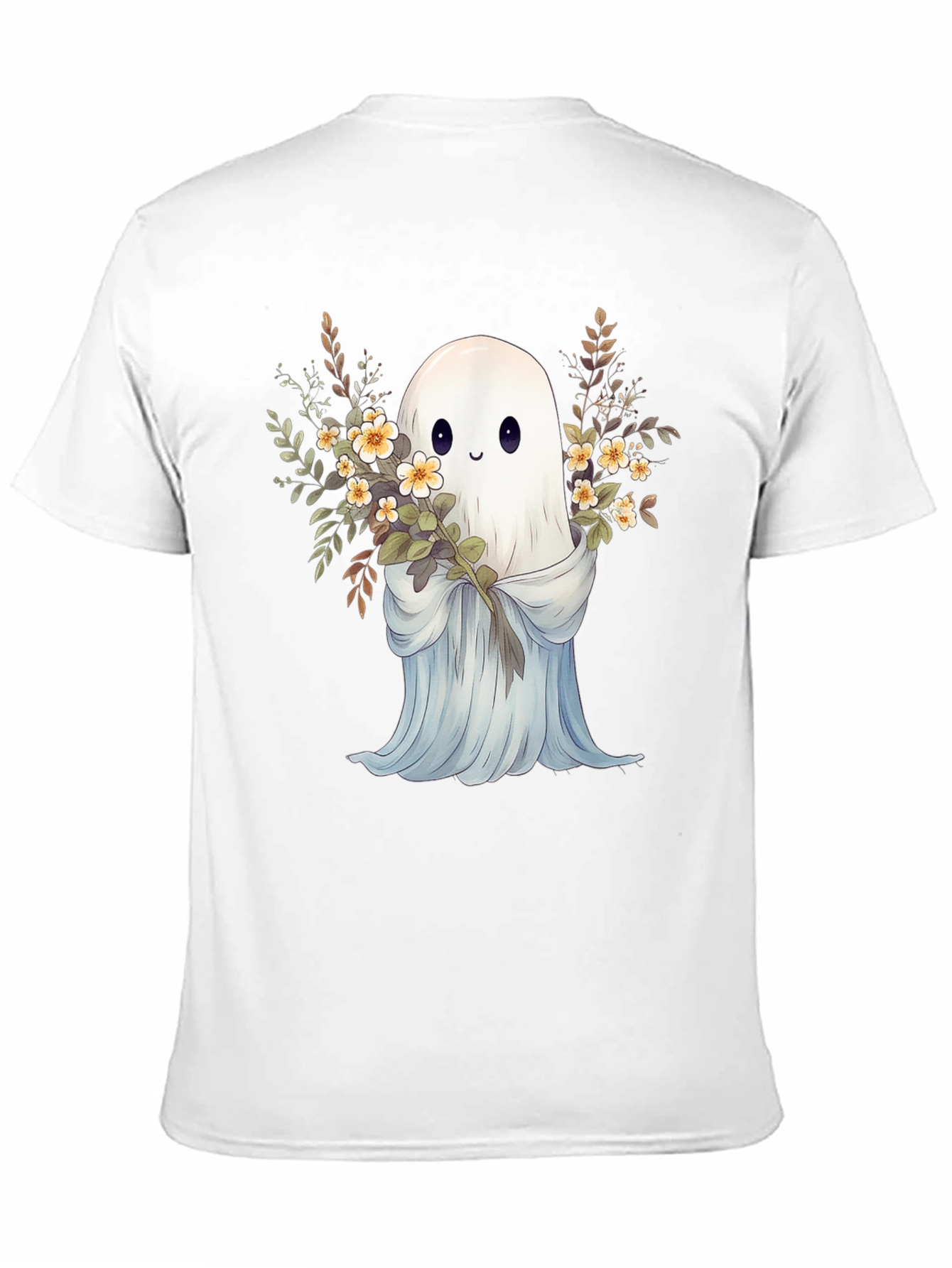 Cute Ghost with Flowers Black Graphic Tee