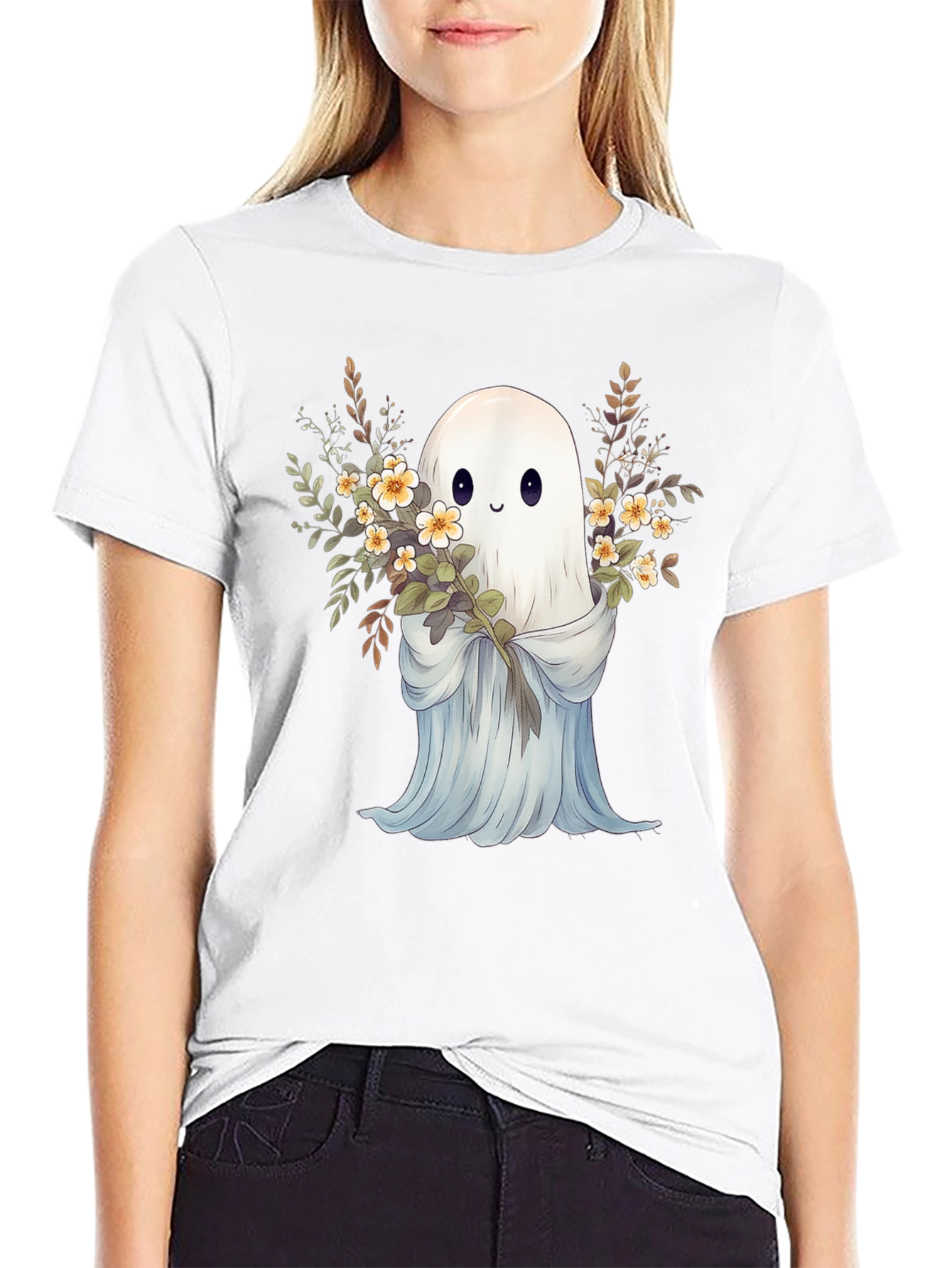 Cute Ghost with Flowers Black Graphic Tee