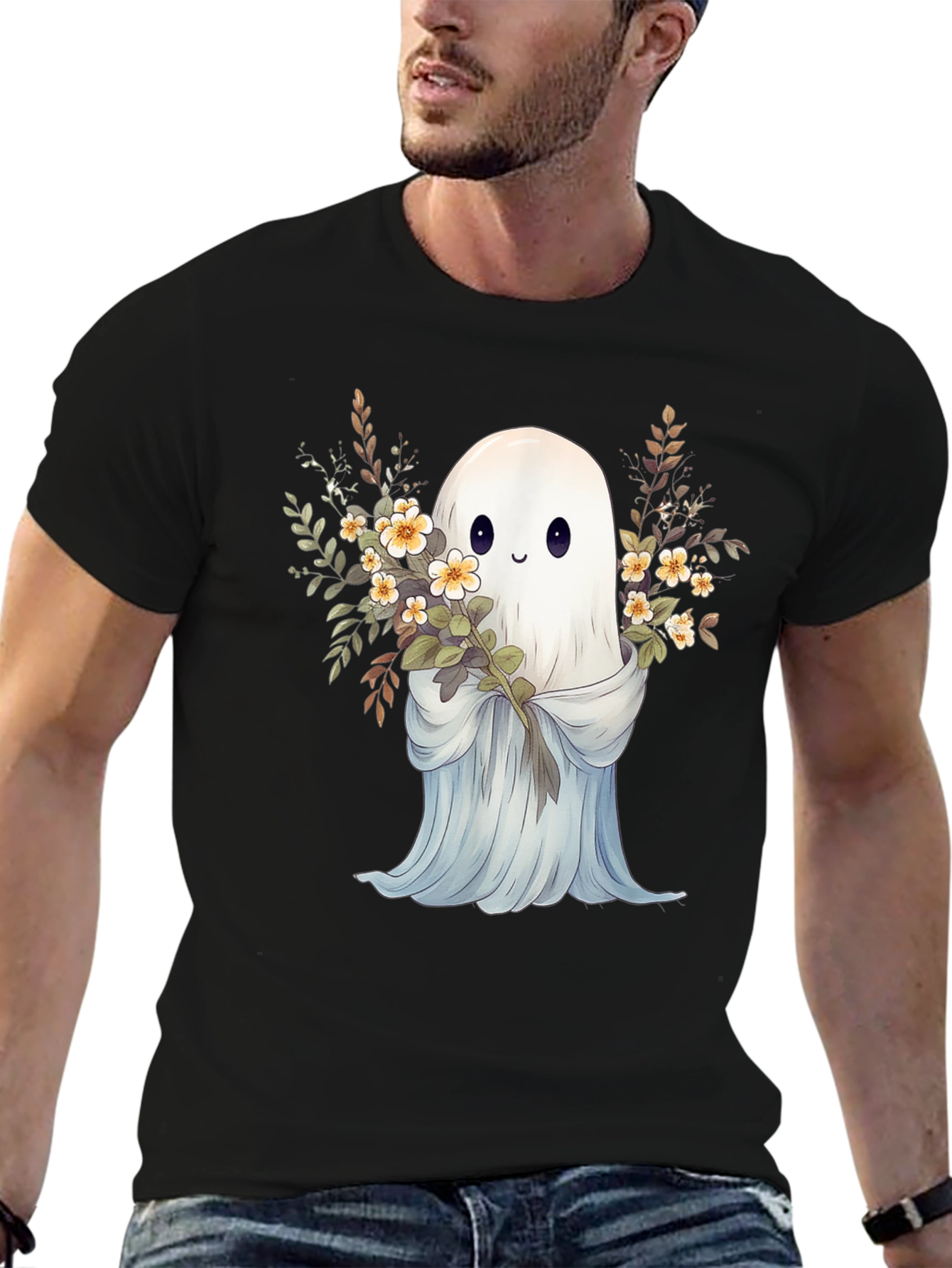 Cute Ghost with Flowers Black Graphic Tee