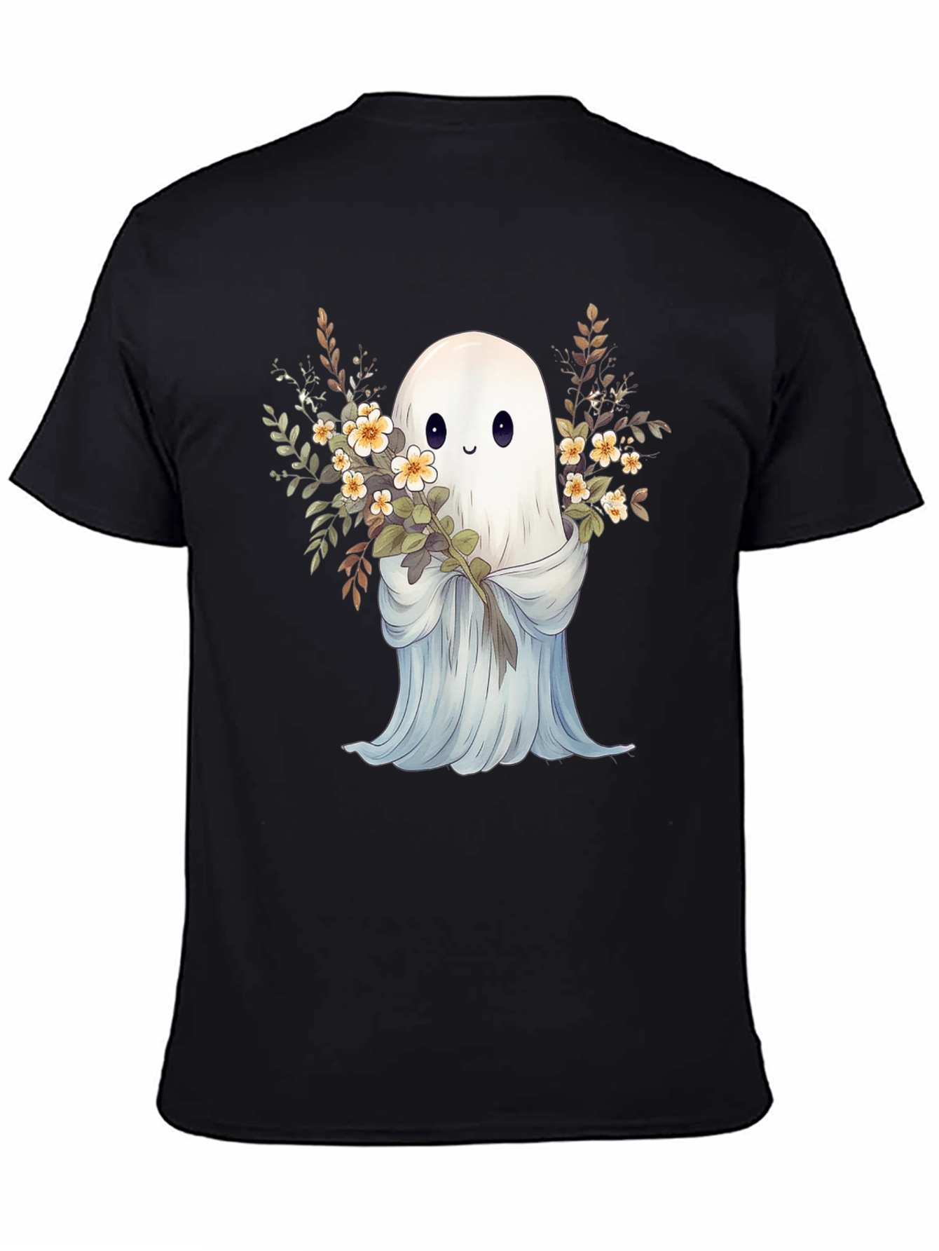 Cute Ghost with Flowers Black Graphic Tee