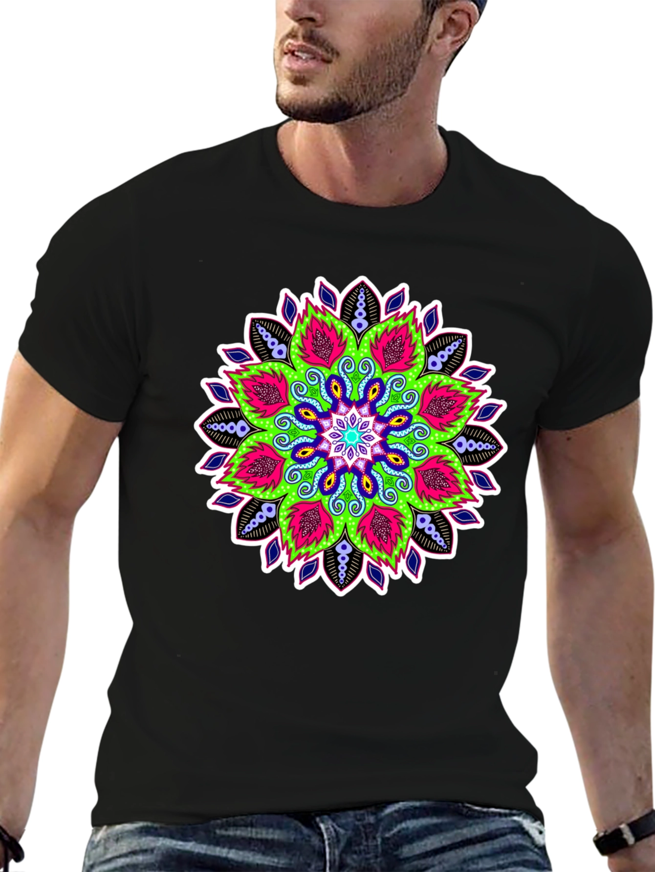 Vibrant Mandala Graphic Print Black Tee