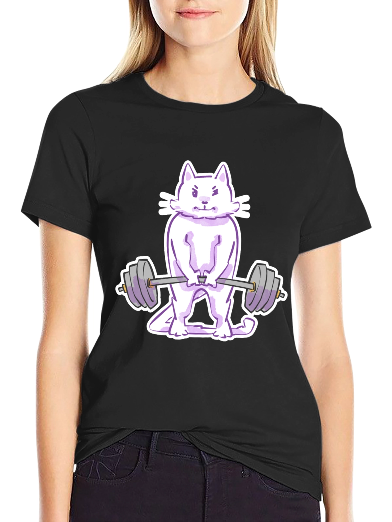 Cat Lifting Weights Graphic Tee - Black