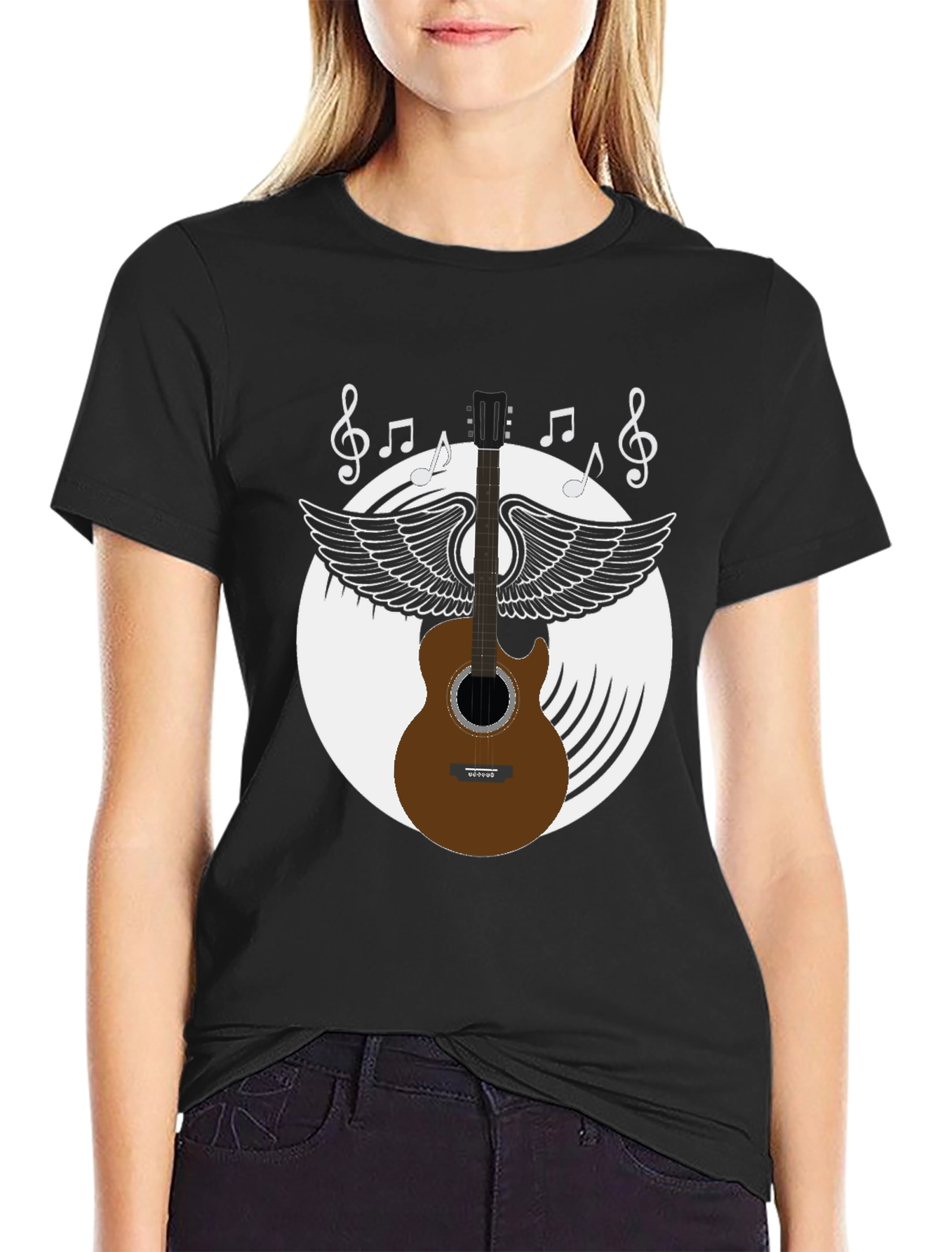 Musical Guitar Wings Black Graphic Tee