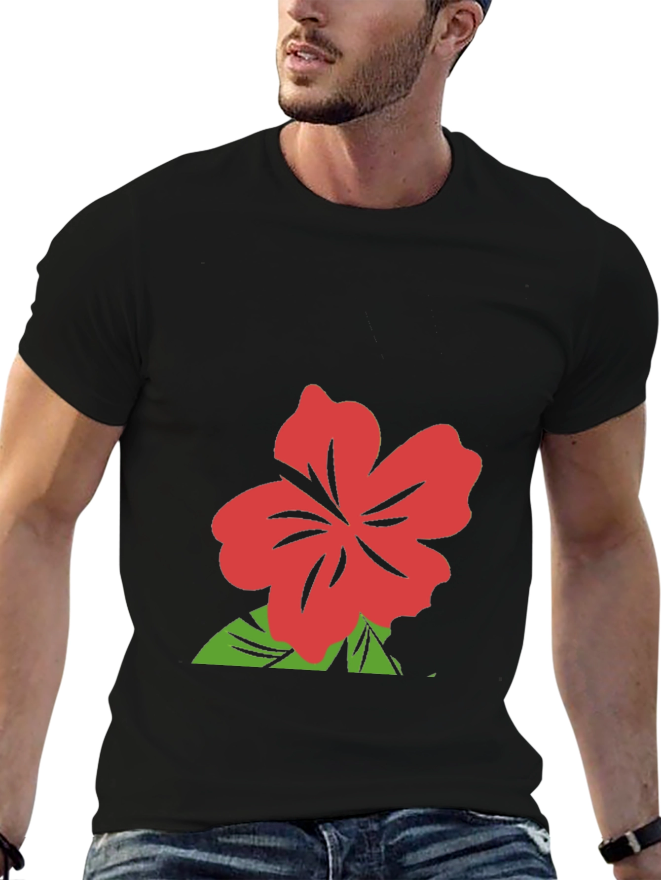 Black T-Shirt with Red Hibiscus Flower