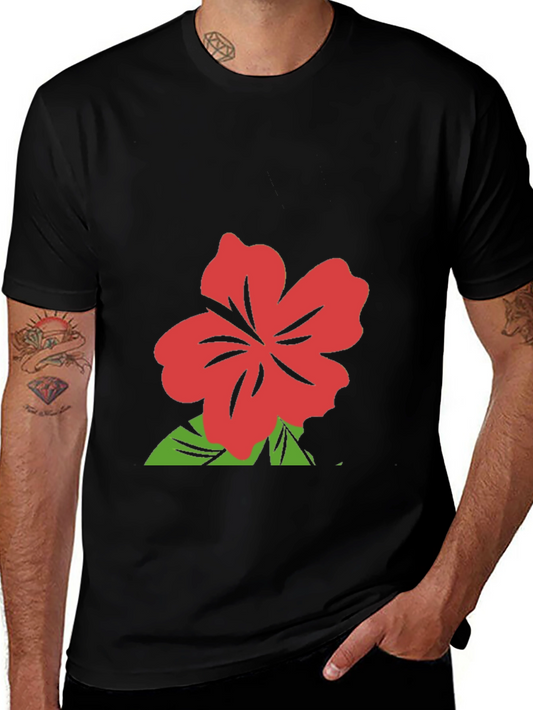 Black T-Shirt with Red Hibiscus Flower