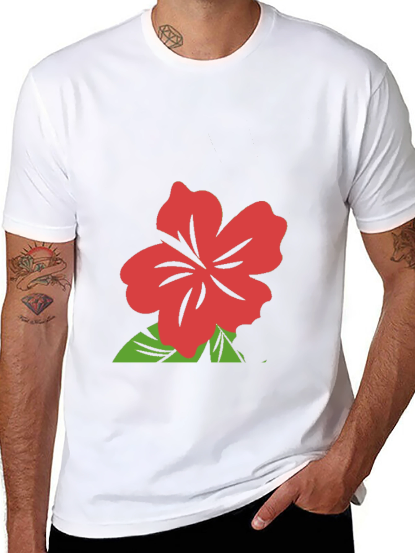 Black T-Shirt with Red Hibiscus Flower