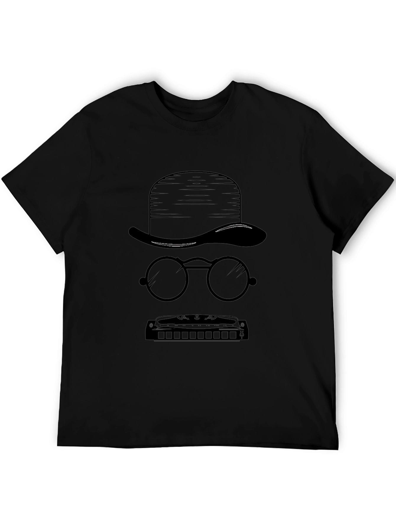 Mystery Man Tee - Hat Glasses Harmonica Graphic T-Shirt