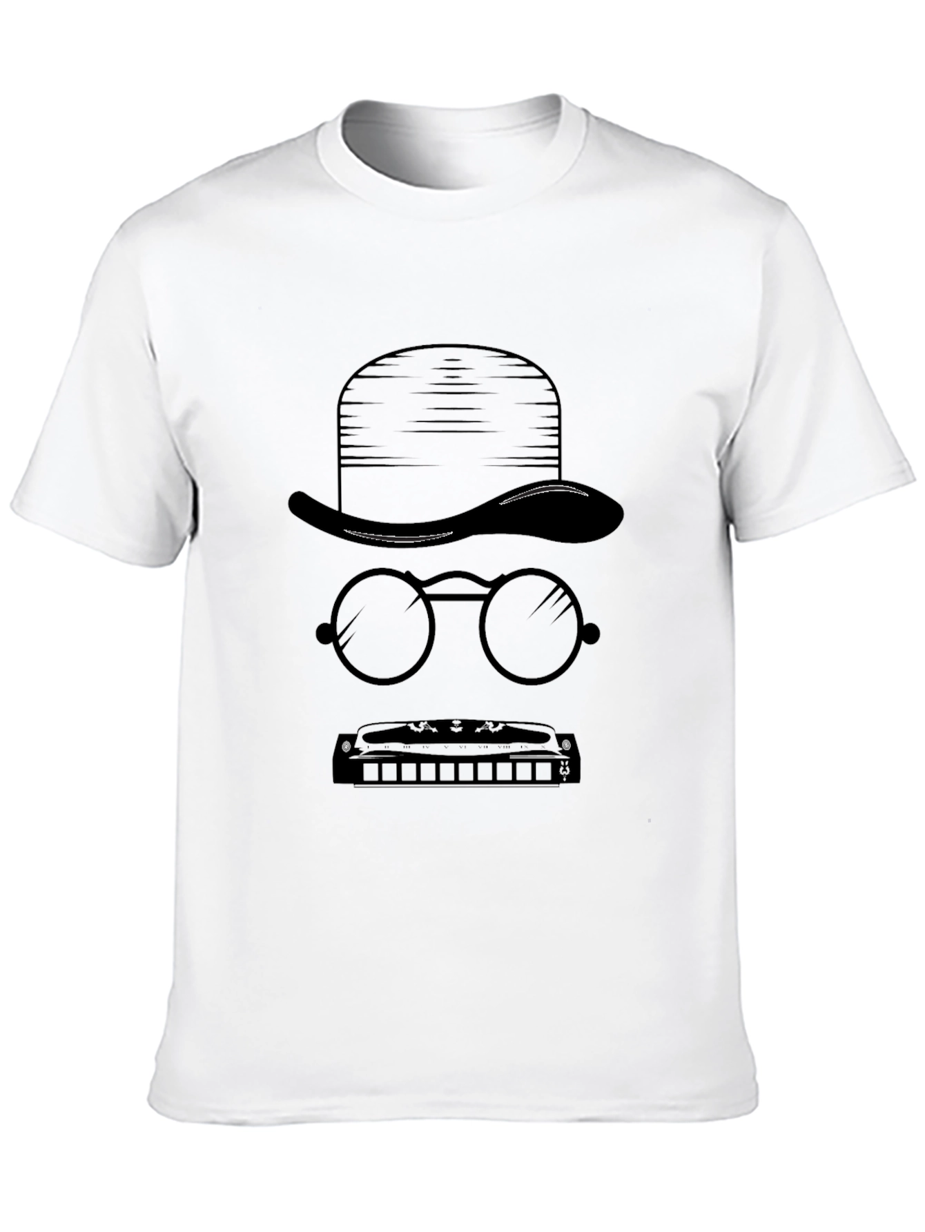 Mystery Man Tee - Hat Glasses Harmonica Graphic T-Shirt
