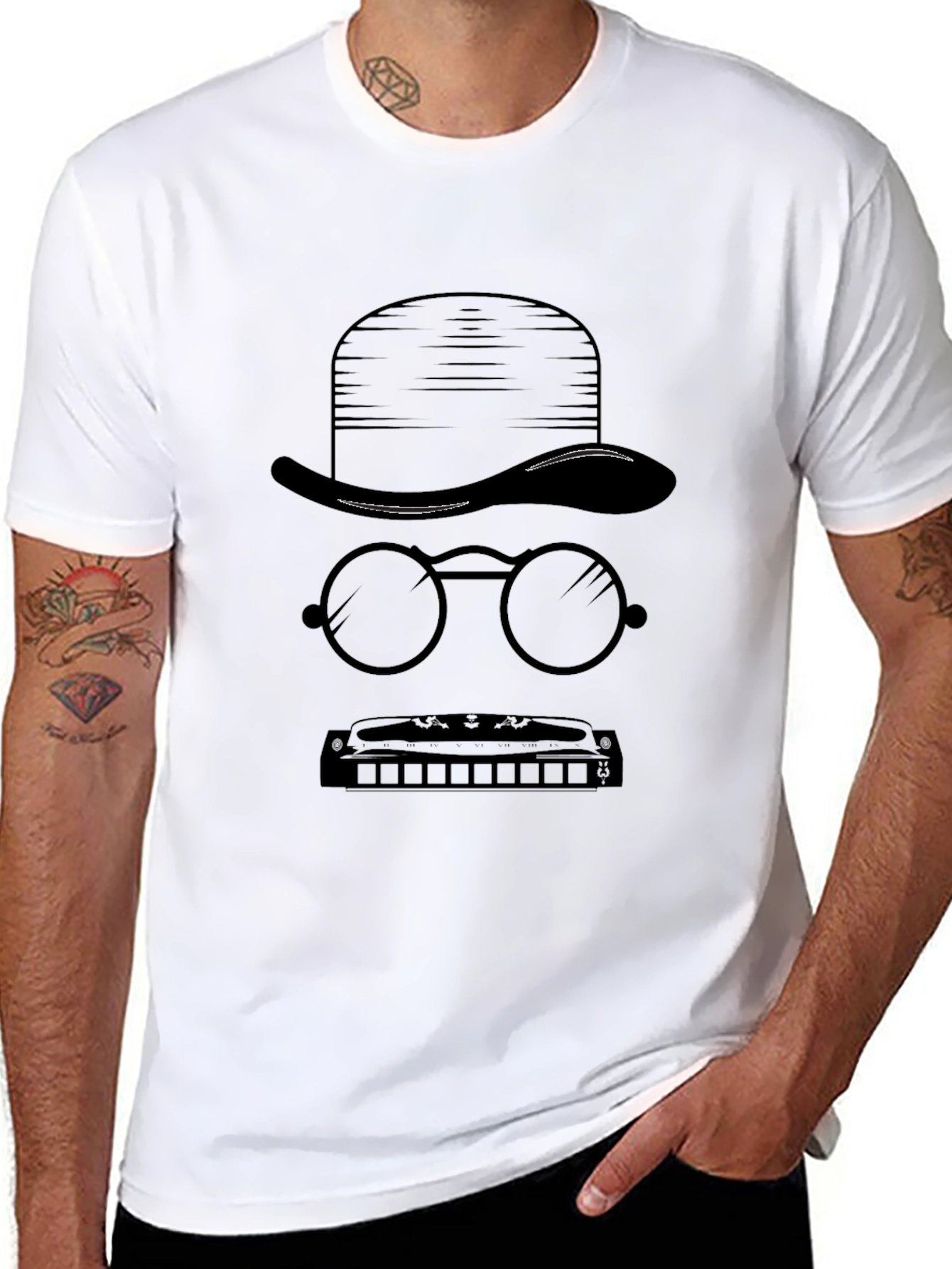 Mystery Man Tee - Hat Glasses Harmonica Graphic T-Shirt