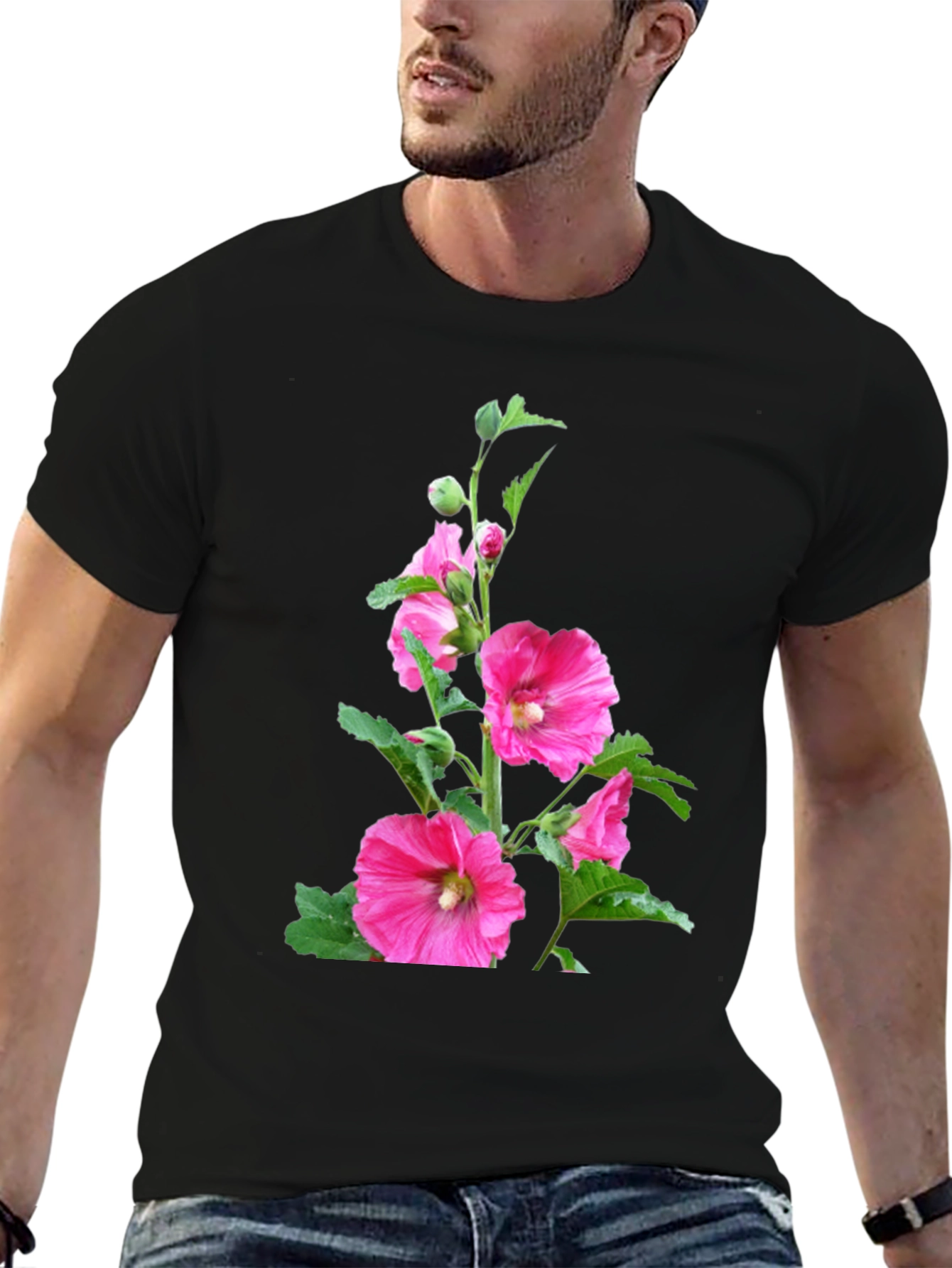 Floral Print Black Tee - Unique Design
