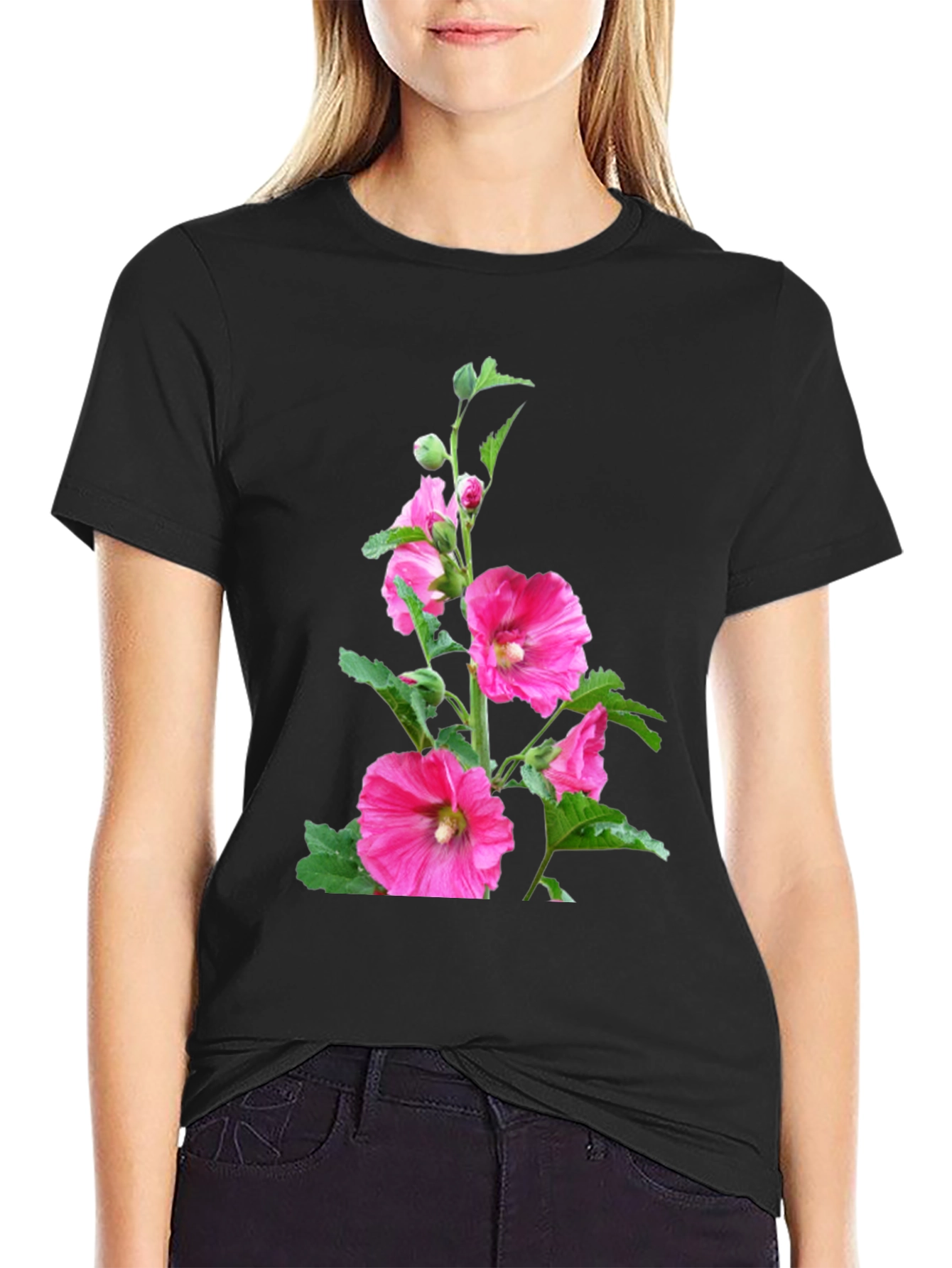 Floral Print Black Tee - Unique Design