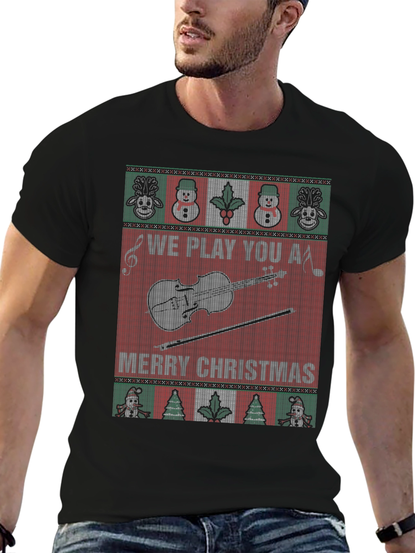 Funny Christmas Violin Sweater Style T-Shirt