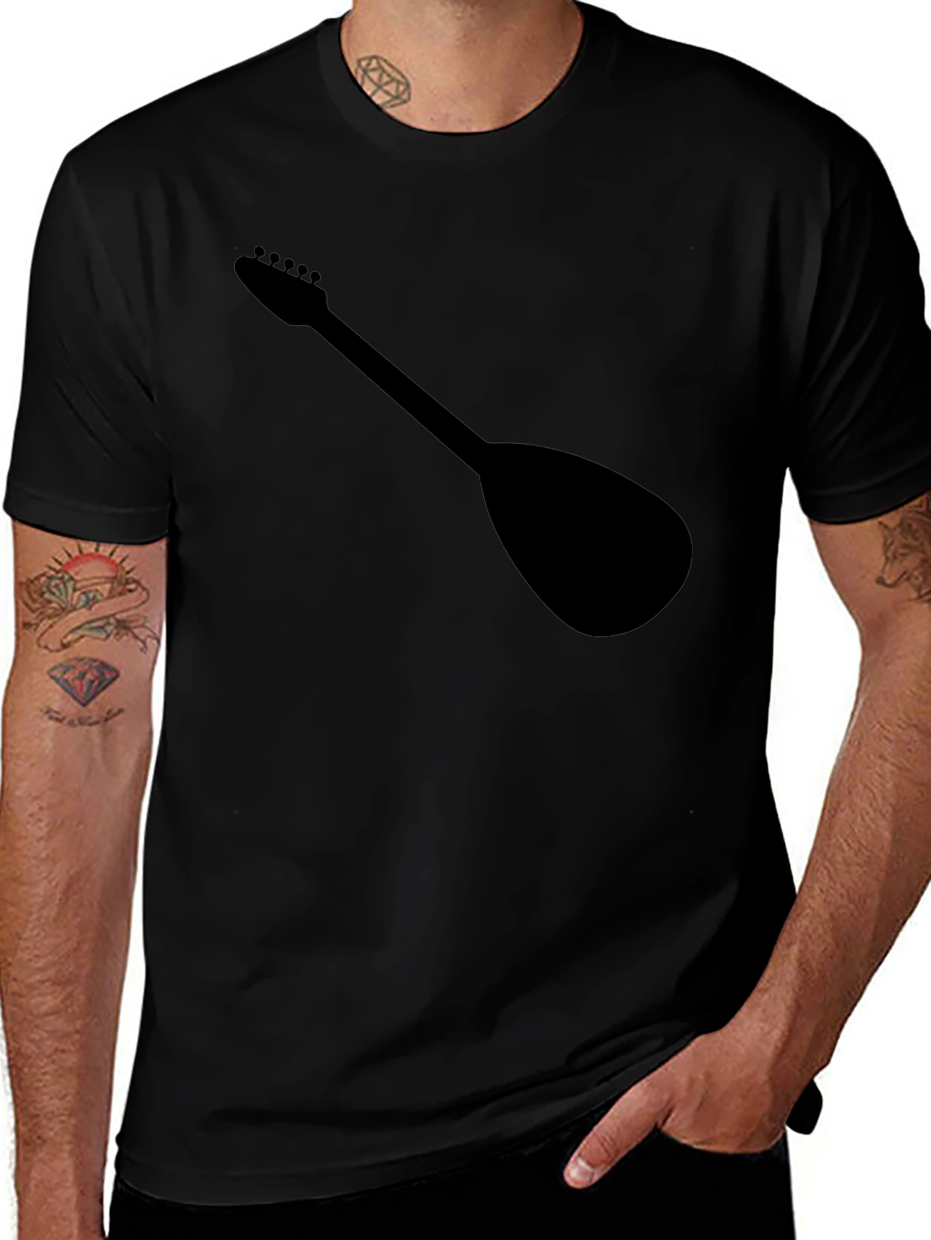Black T-Shirt with Guitar Silhouette Graphic