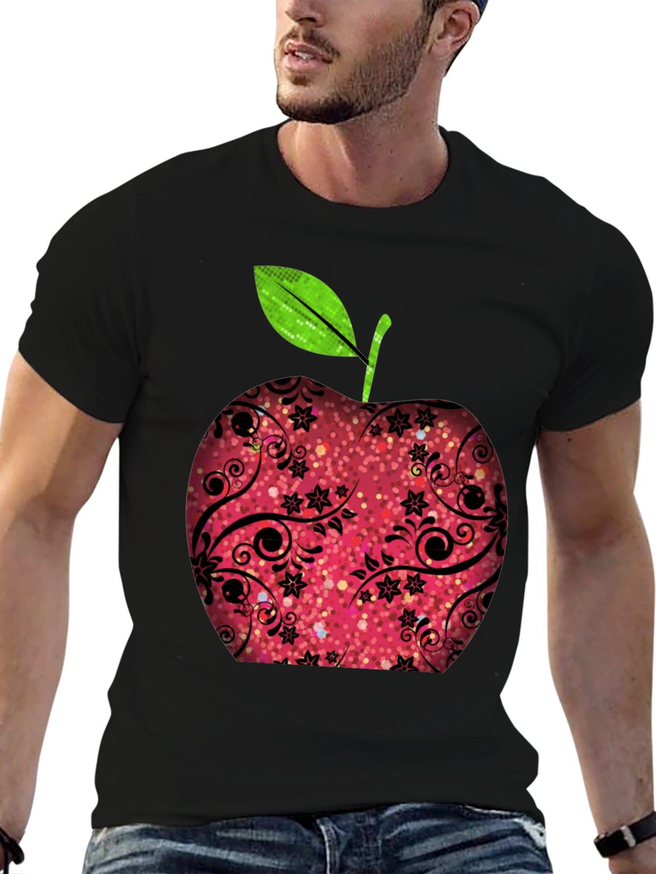 Apple Graphic Print Black T-Shirt