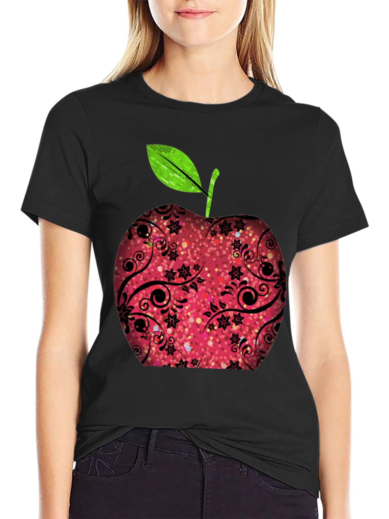 Apple Graphic Print Black T-Shirt
