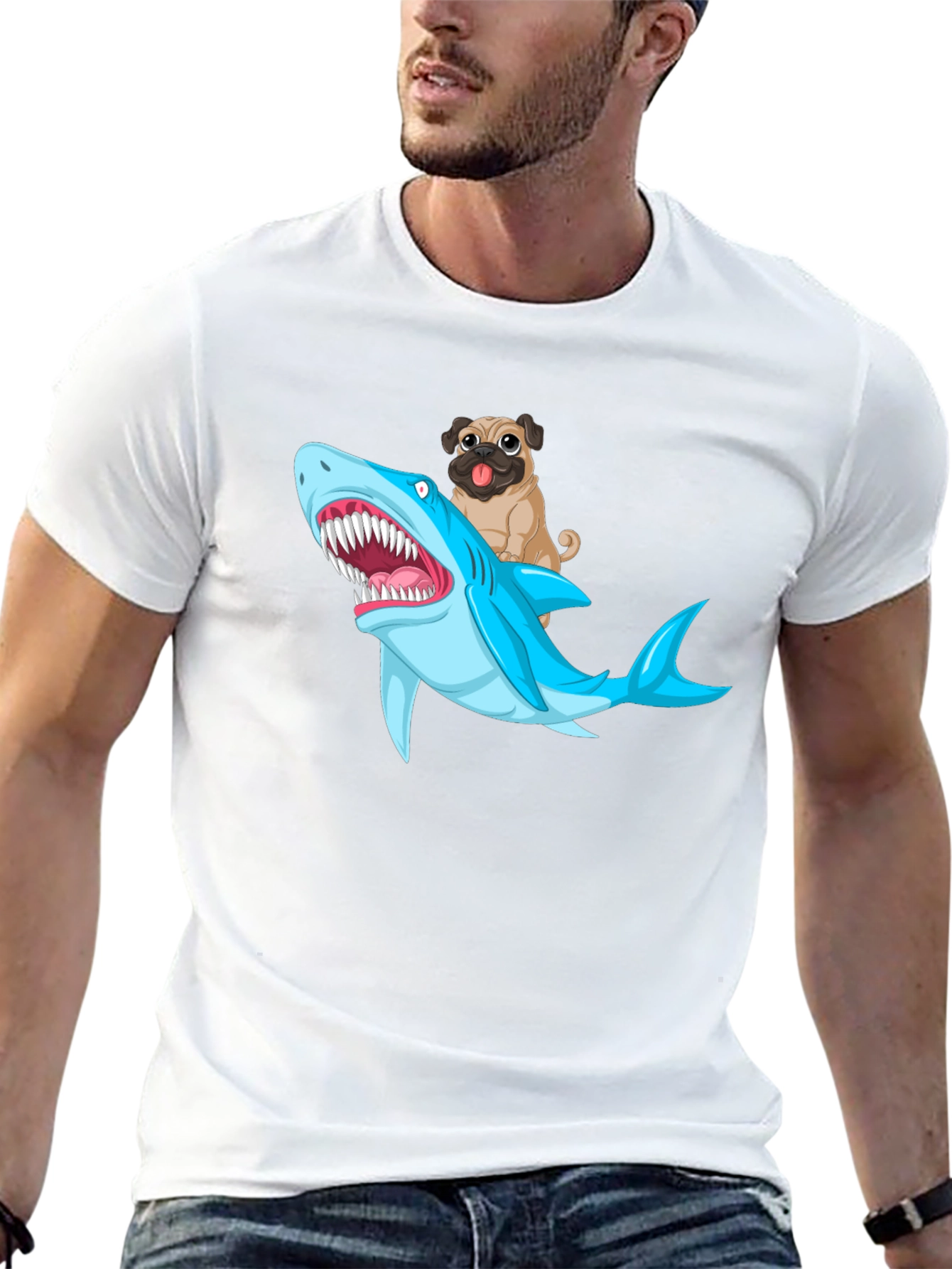 Pug Riding Shark Graphic T-Shirt