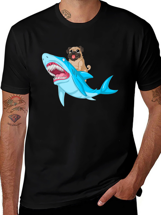 Pug Riding Shark Graphic T-Shirt