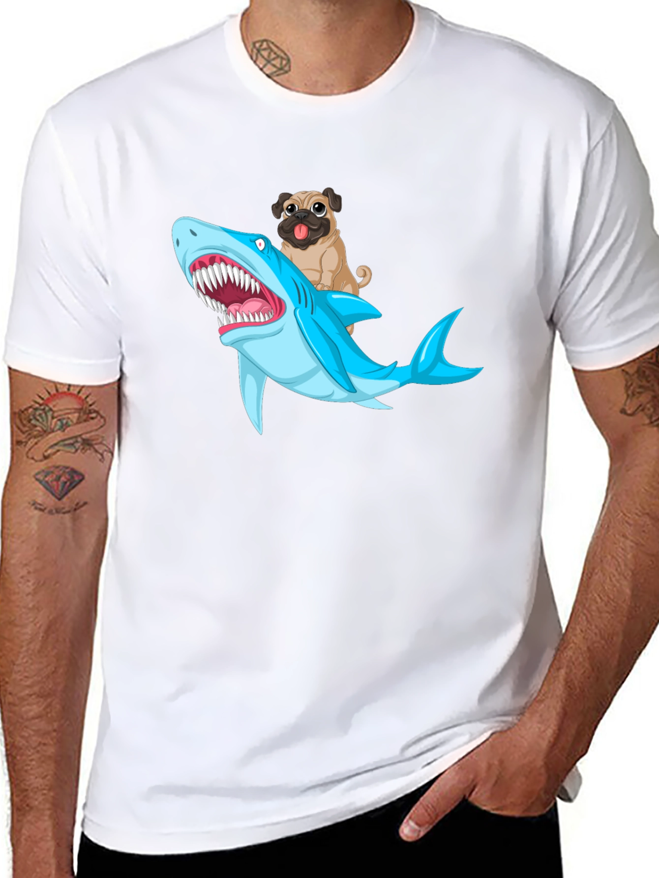 Pug Riding Shark Graphic T-Shirt