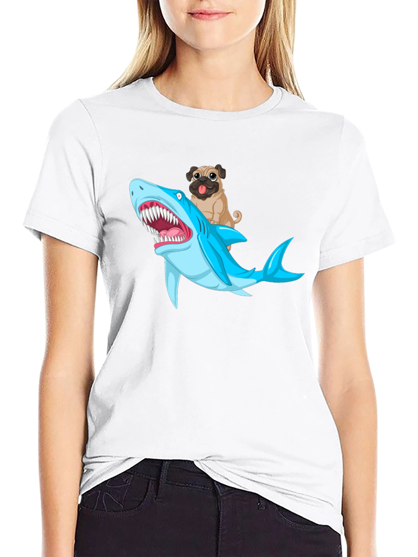 Pug Riding Shark Graphic T-Shirt