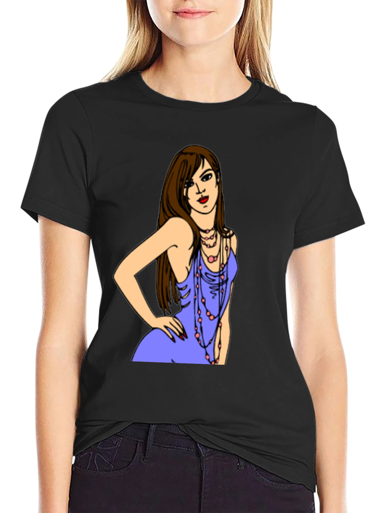 Stylish Black T-Shirt with Illustrated Woman Design