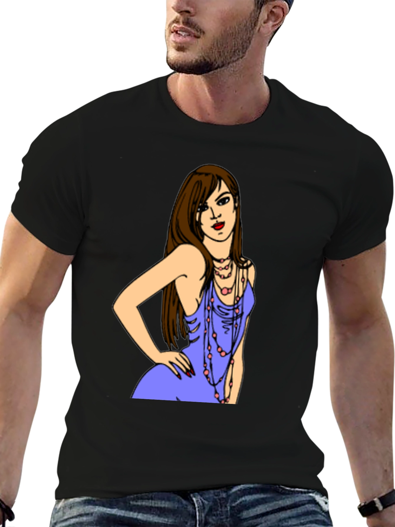 Stylish Black T-Shirt with Illustrated Woman Design